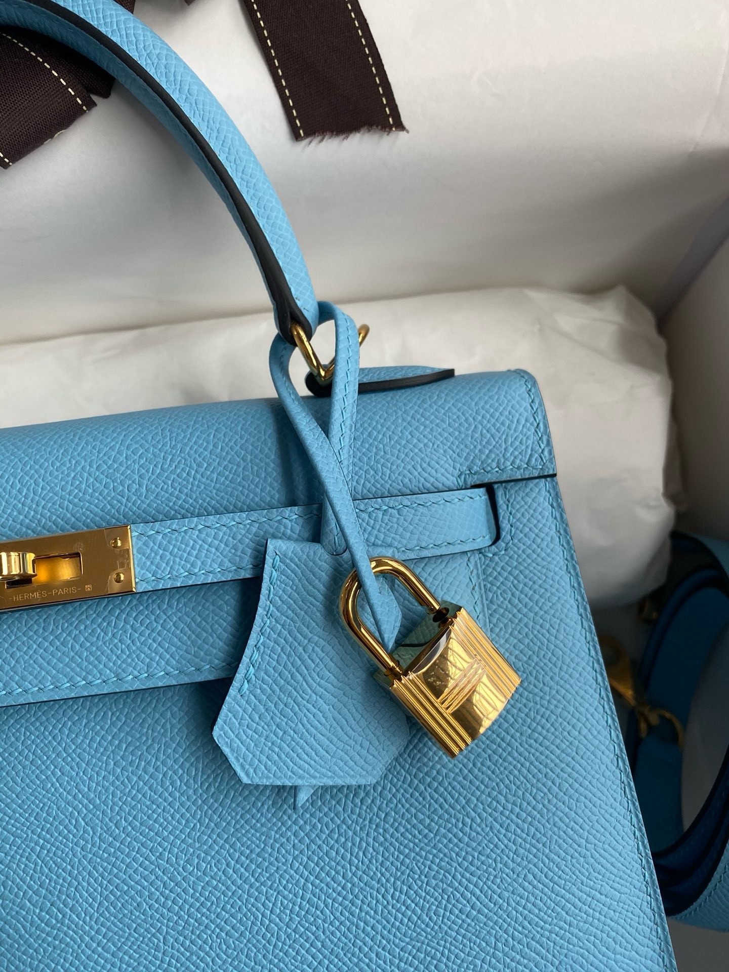 Hermes Kelly Sellier 25 Handmade Bag In Blue Candy Epsom Calfskin