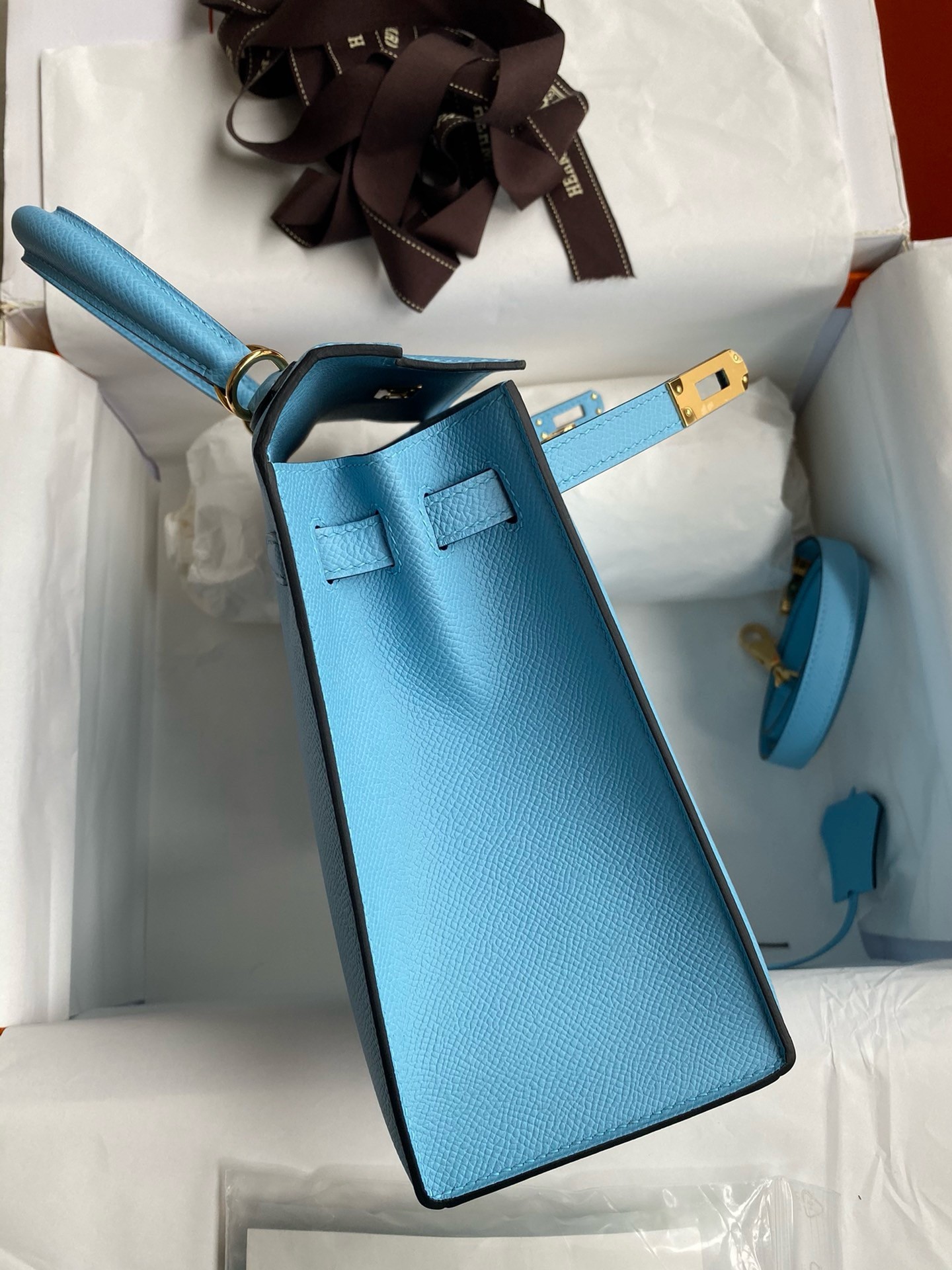 Hermes Kelly Sellier 25 Handmade Bag In Blue Candy Epsom Calfskin