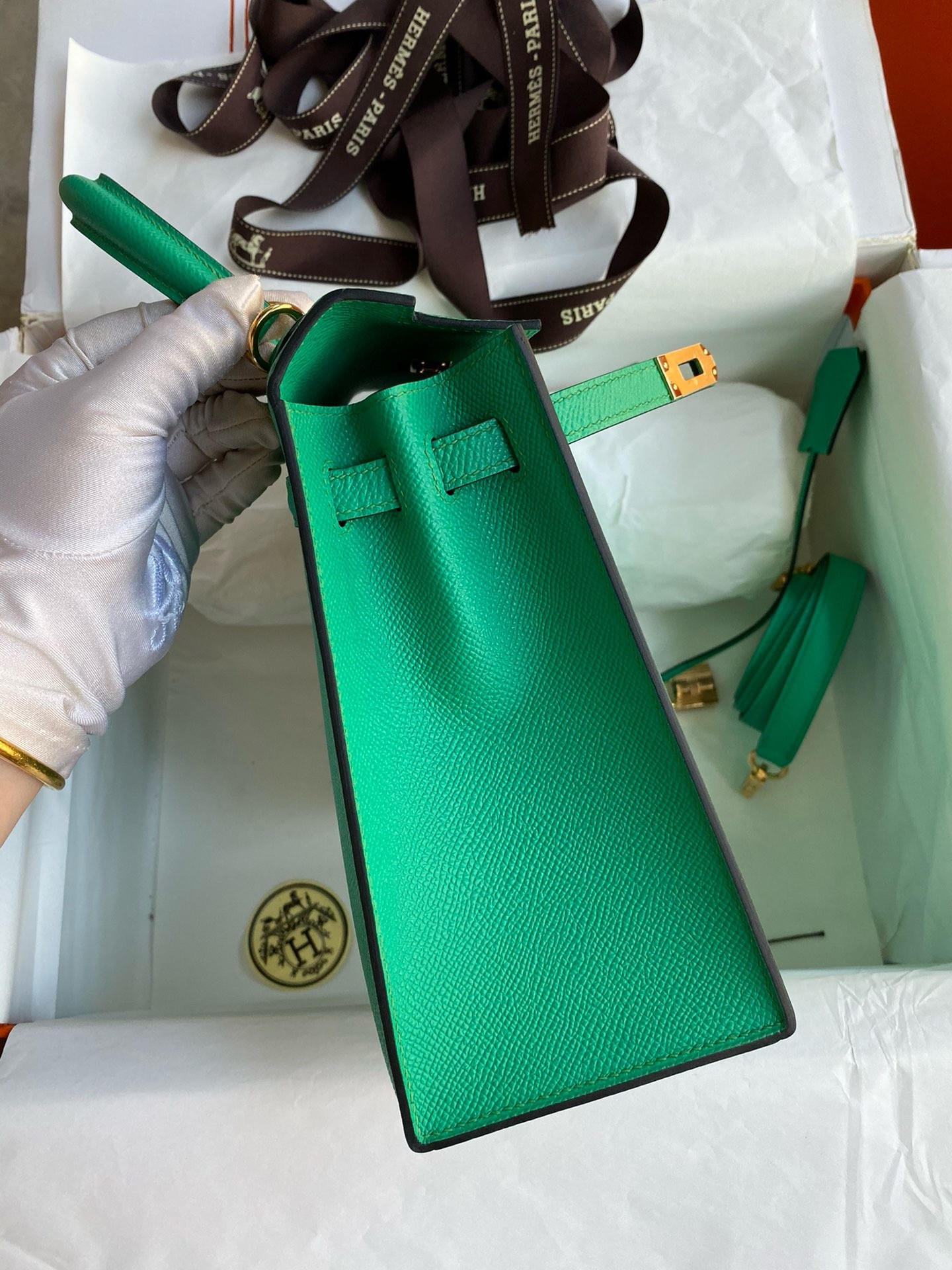 Hermes Kelly Sellier 25 Handmade Bag In Vert Jade Epsom Calfskin