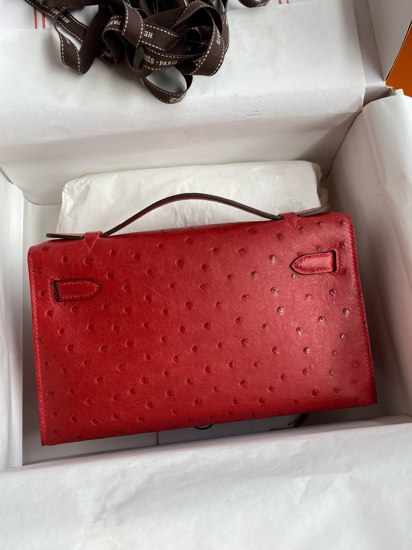 Hermes Kelly Pochette Handmade Bag In Red Ostrich Leather