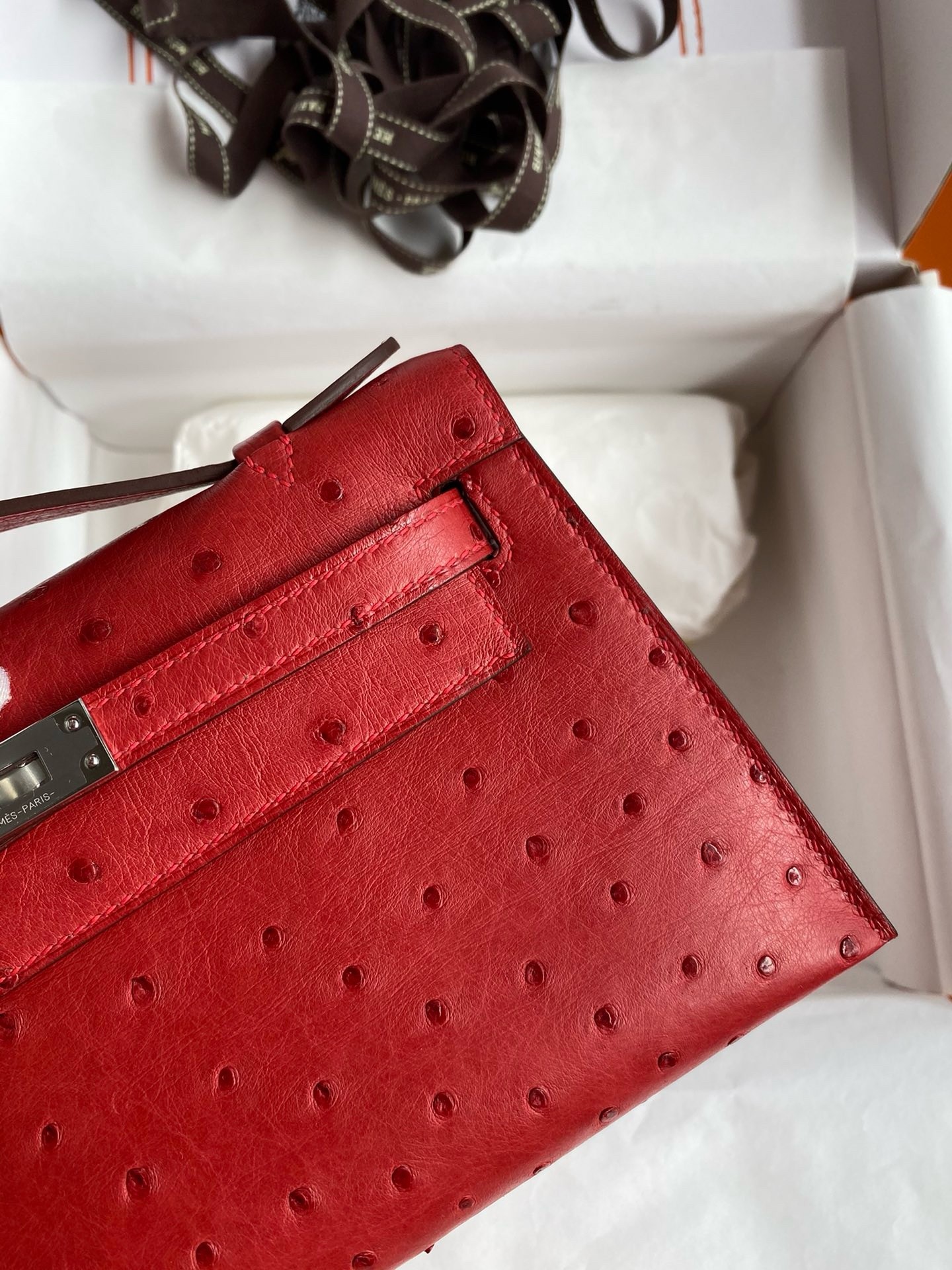 Hermes Kelly Pochette Handmade Bag In Red Ostrich Leather