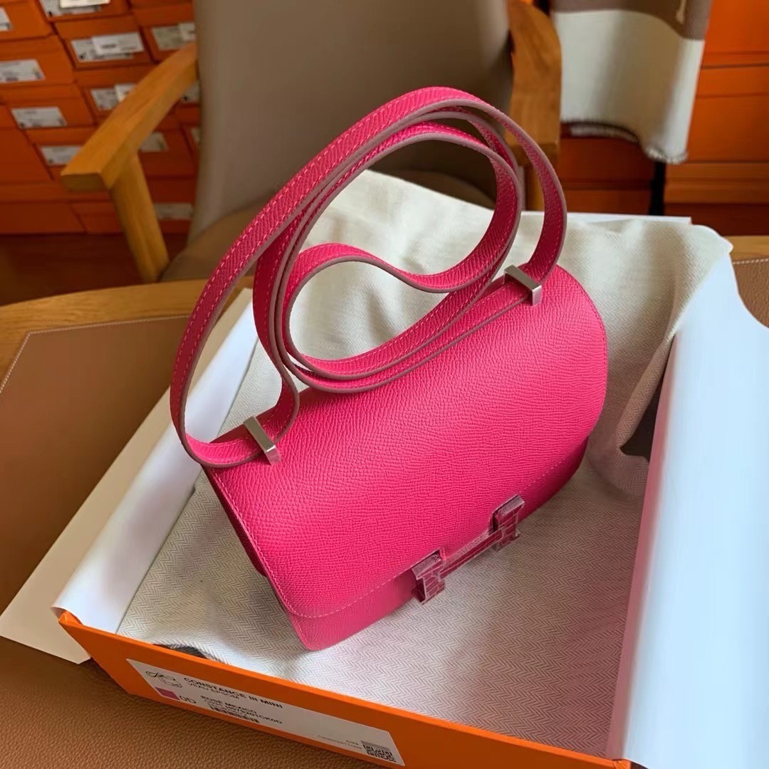 Hermes Constance Enamel 18 Handmade Bag In Rose Mexico Epsom Calfskin