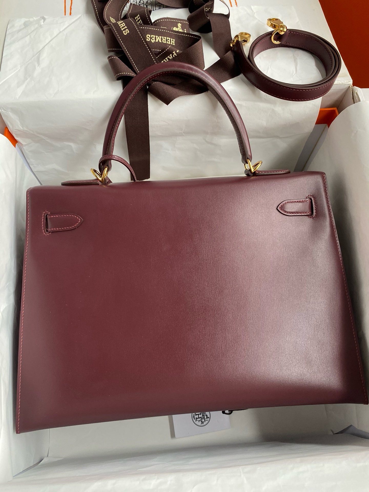 Hermes Kelly Sellier 35 Handmade Bag In Bordeaux Box Calfskin