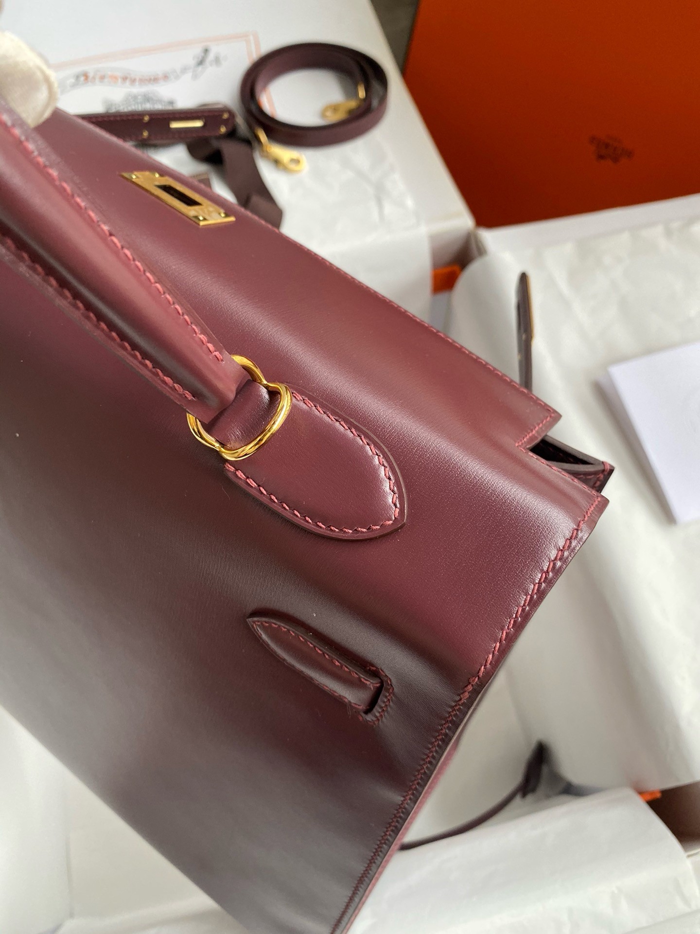 Hermes Kelly Sellier 35 Handmade Bag In Bordeaux Box Calfskin