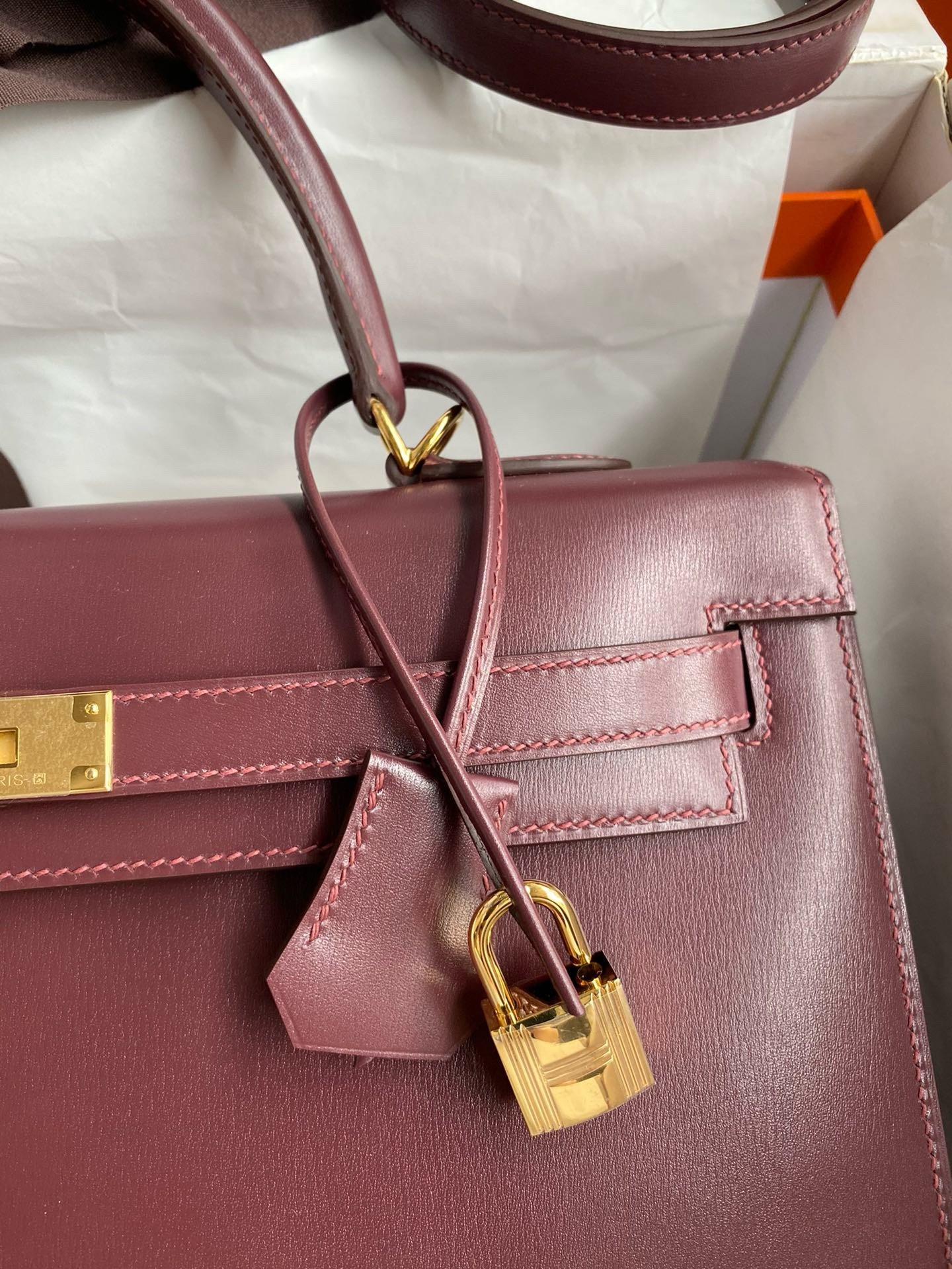 Hermes Kelly Sellier 35 Handmade Bag In Bordeaux Box Calfskin