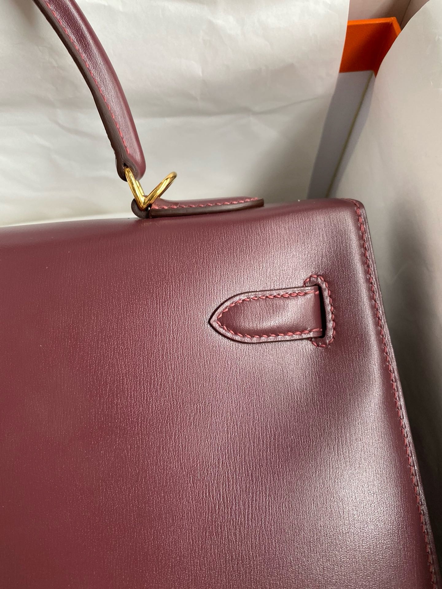 Hermes Kelly Sellier 35 Handmade Bag In Bordeaux Box Calfskin