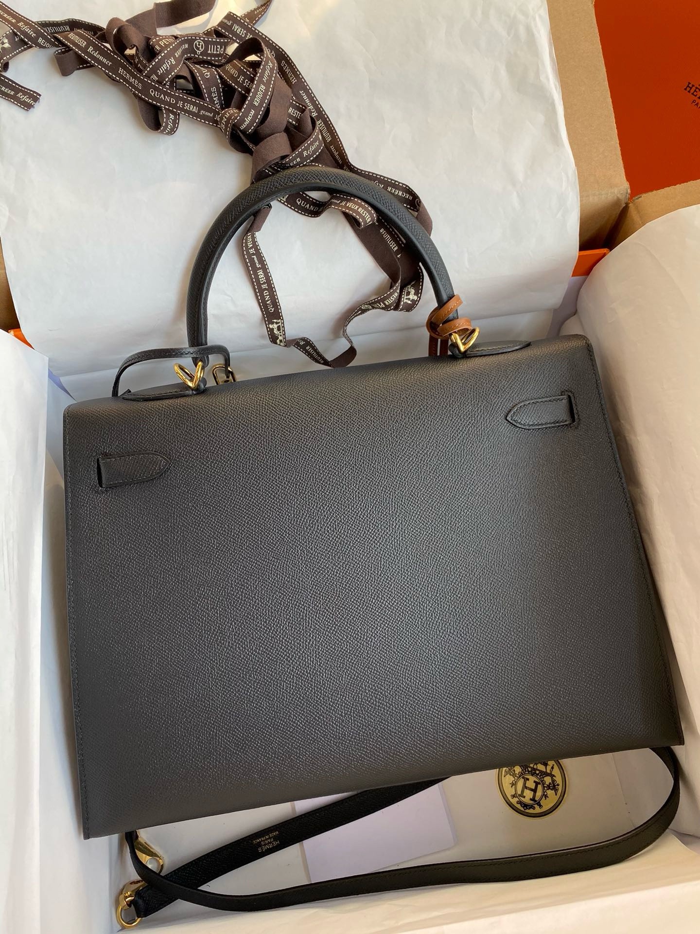 Hermes Kelly Sellier 35 Handmade Bag In Black Epsom Calfskin