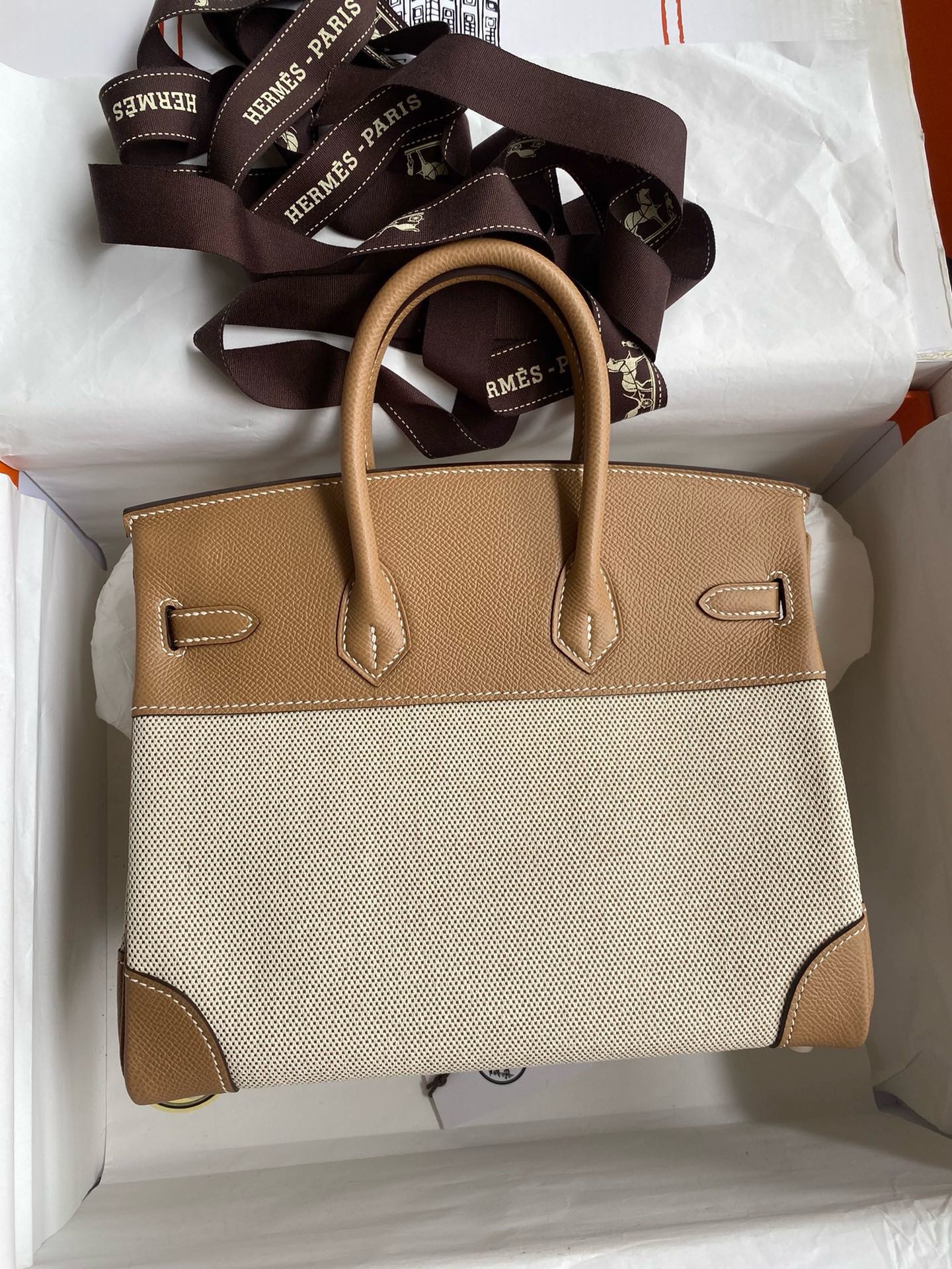 Hermes Birkin 25 Handmade Bag In Toile & Chai Epsom Leather