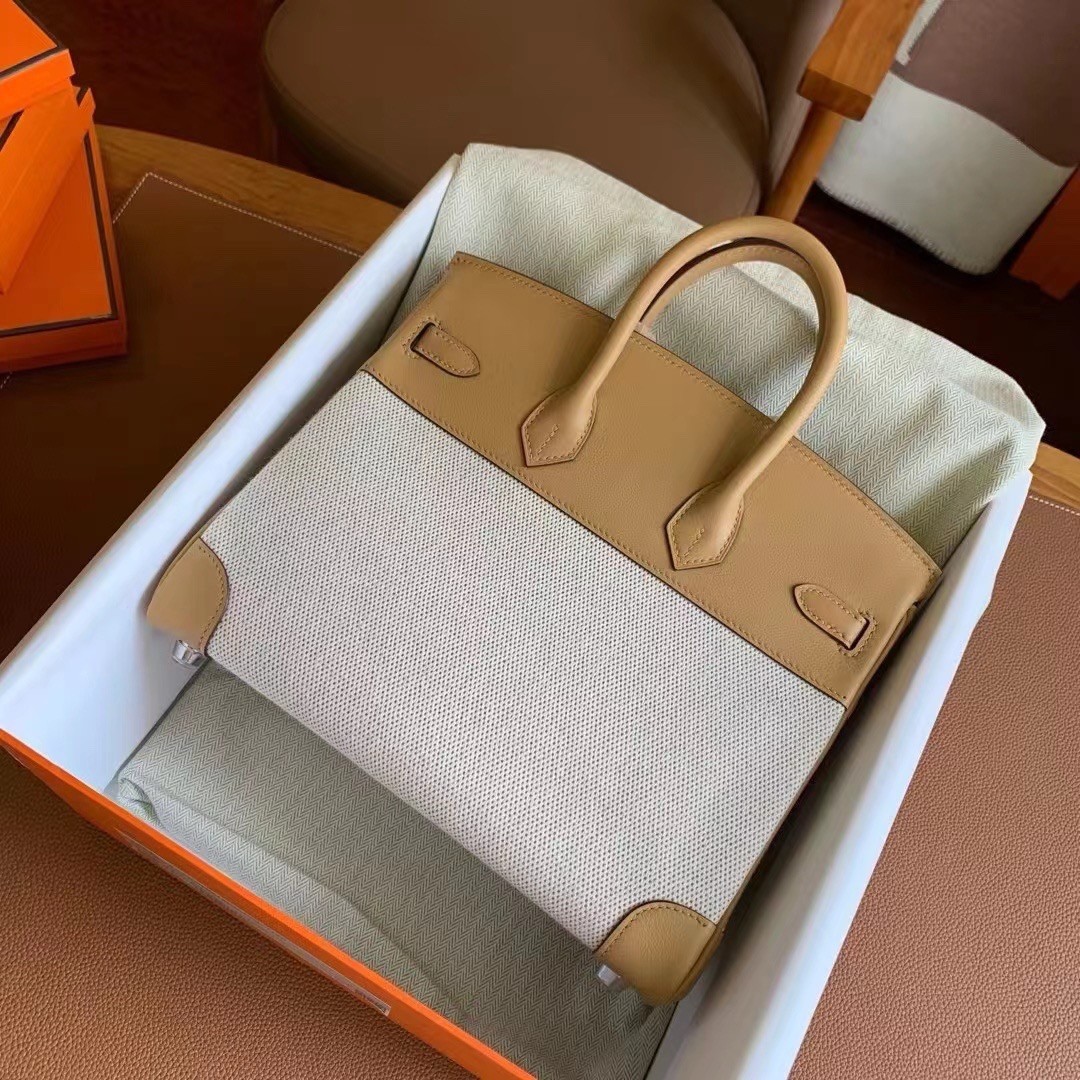 Hermes Birkin 25 Handmade Bag In Toile & Biscuit Swift Leather