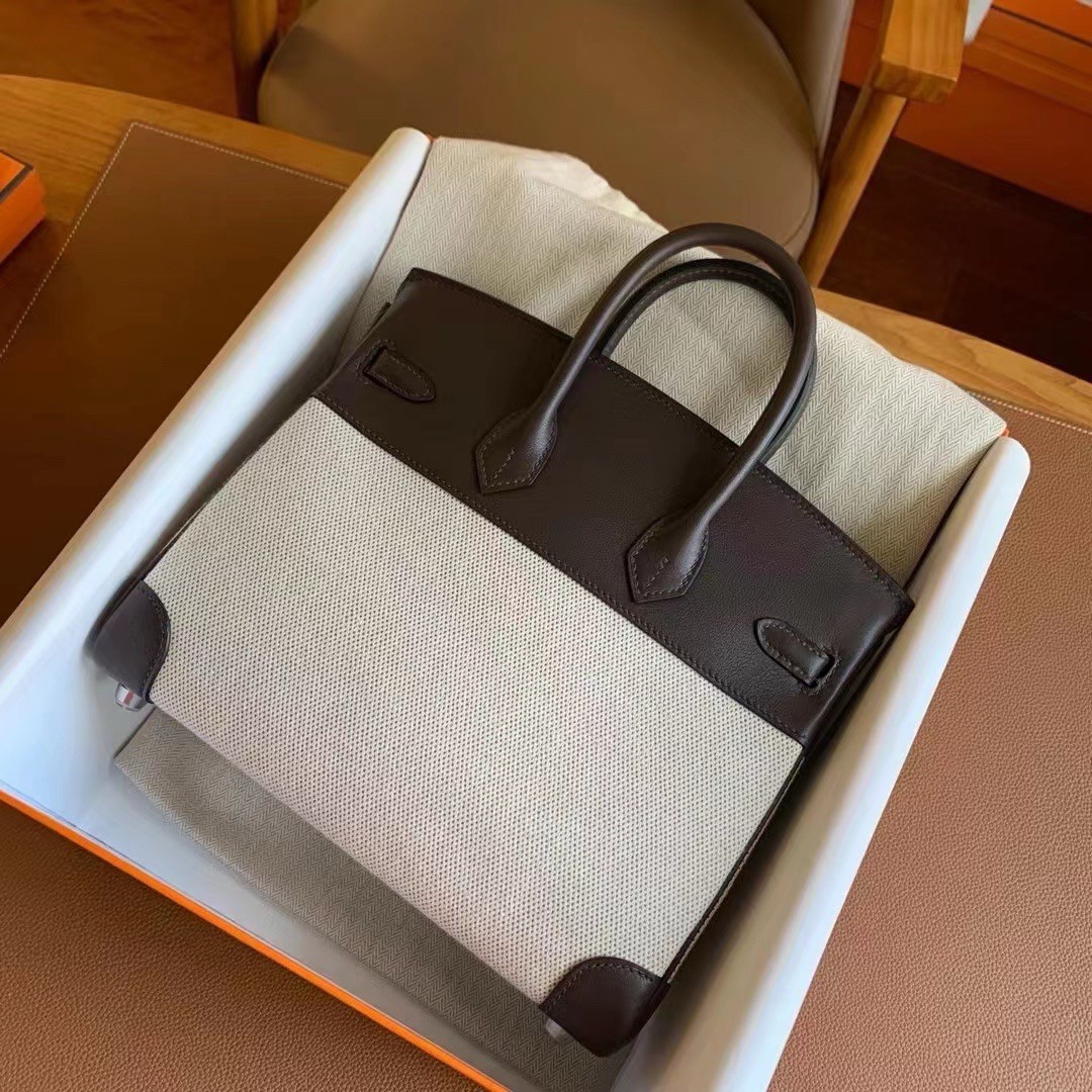 Hermes Birkin 25 Handmade Bag In Toile & Chocolat Swift Leather