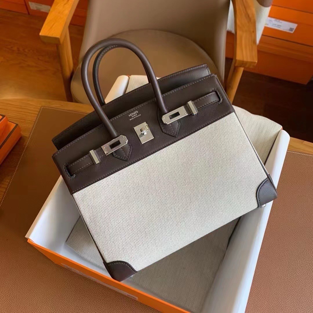 Hermes Birkin 25 Handmade Bag In Toile & Chocolat Swift Leather