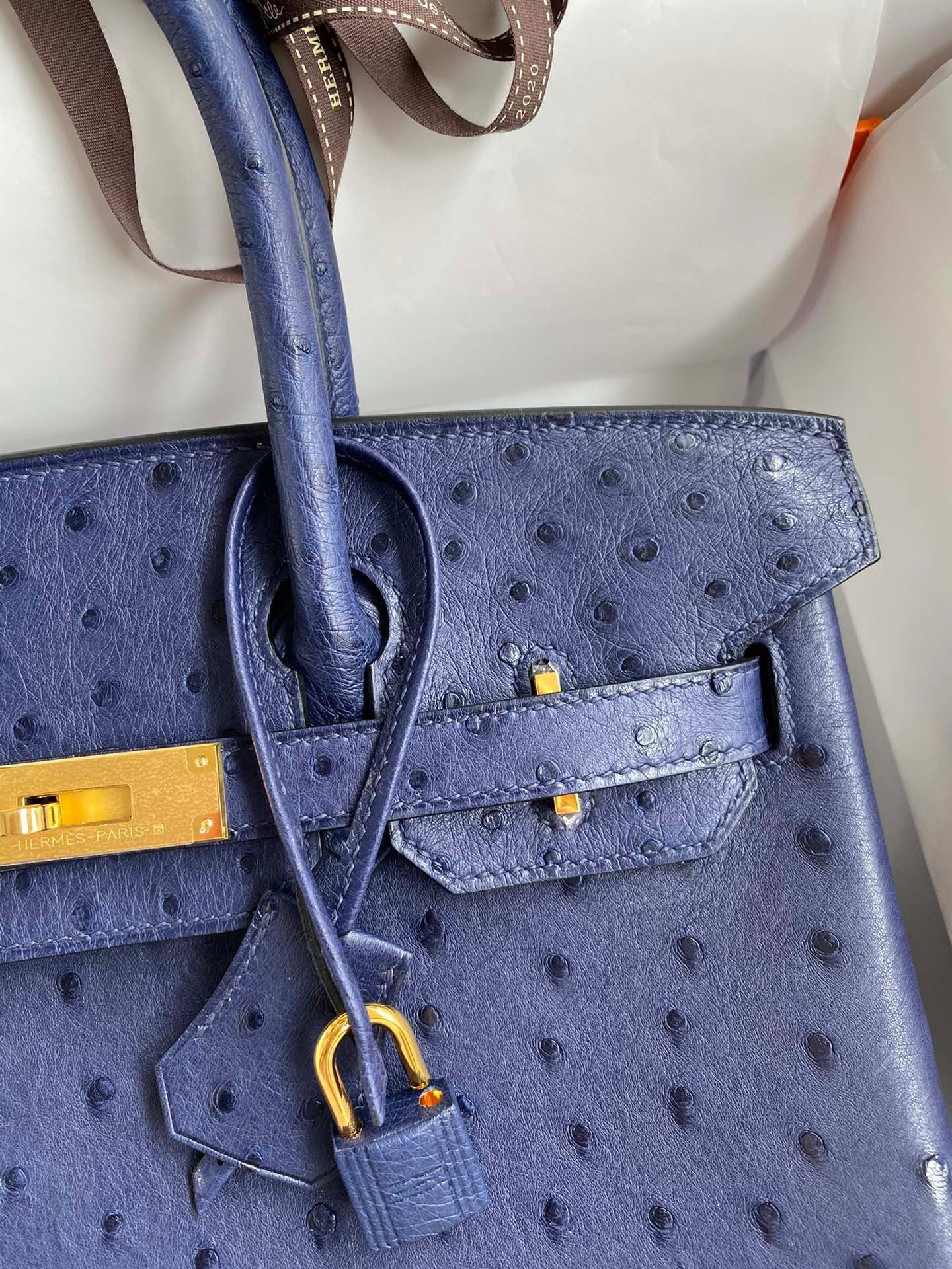 Hermes Birkin 30 Retourne Handmade Bag In Blue Iris Ostrich Leather