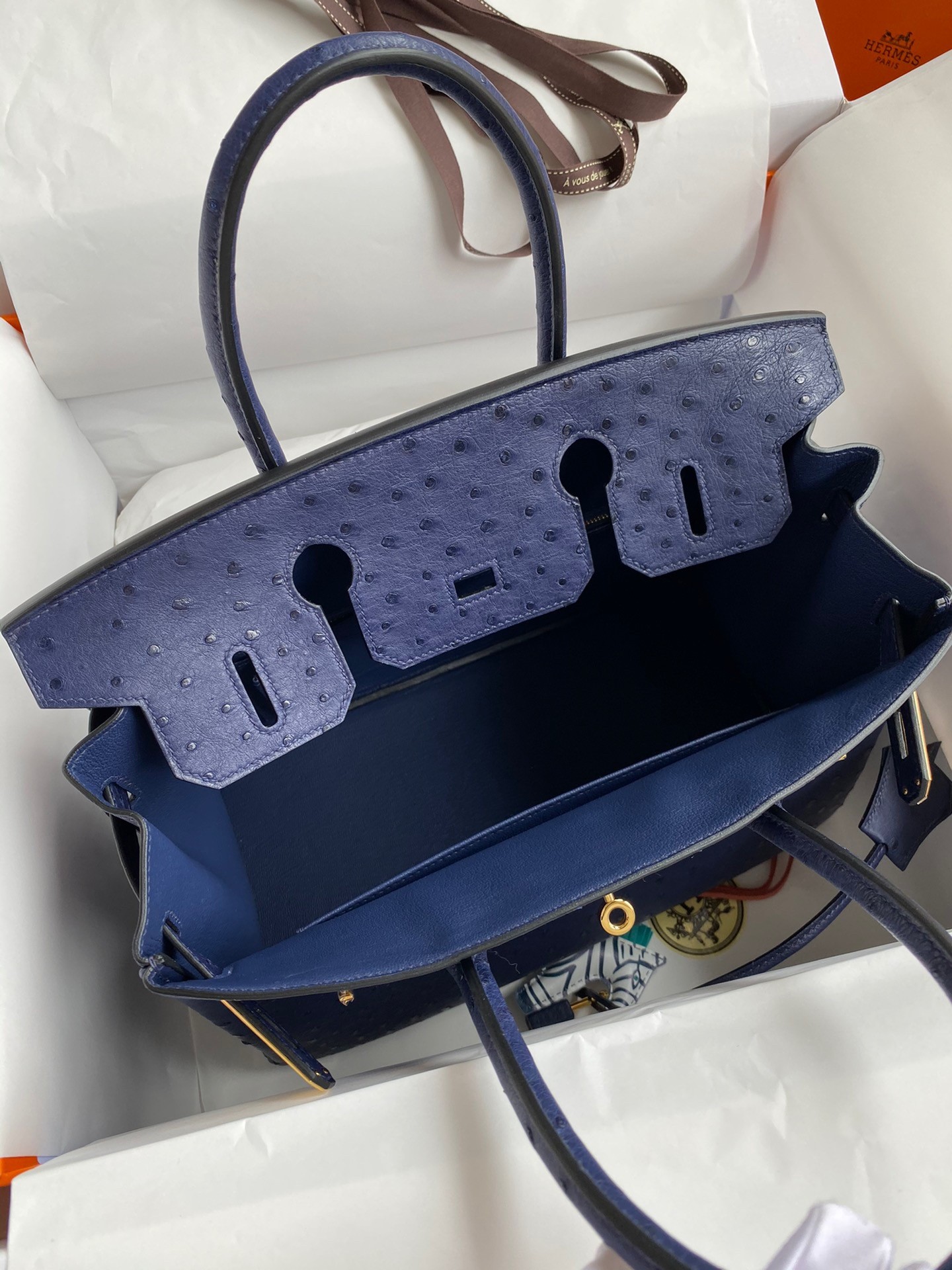 Hermes Birkin 30 Retourne Handmade Bag In Blue Iris Ostrich Leather