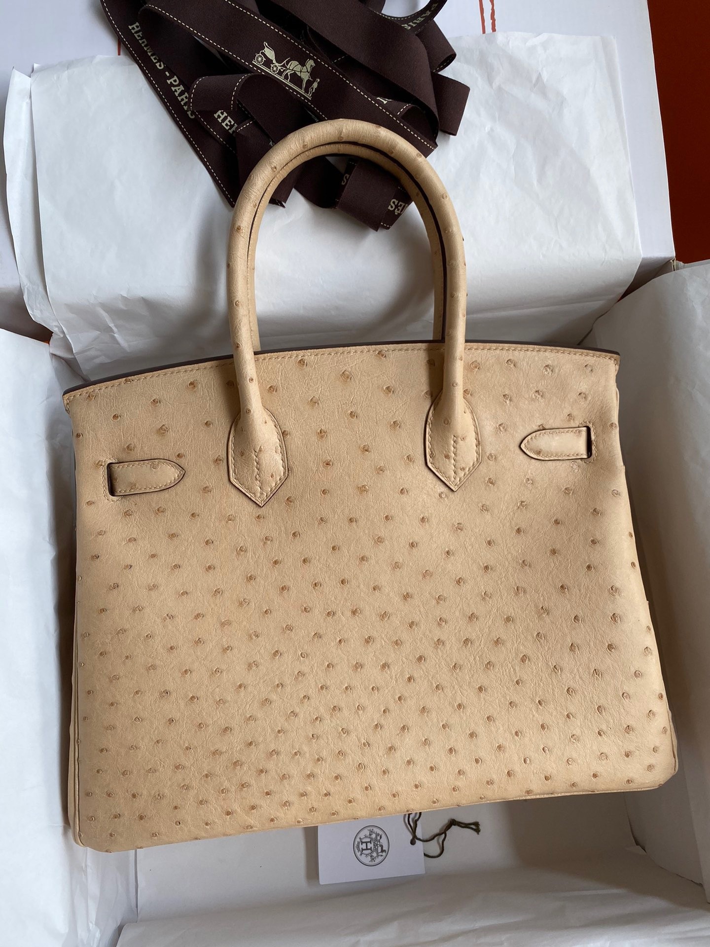 Hermes Birkin 30 Retourne Handmade Bag In Chai Ostrich Leather