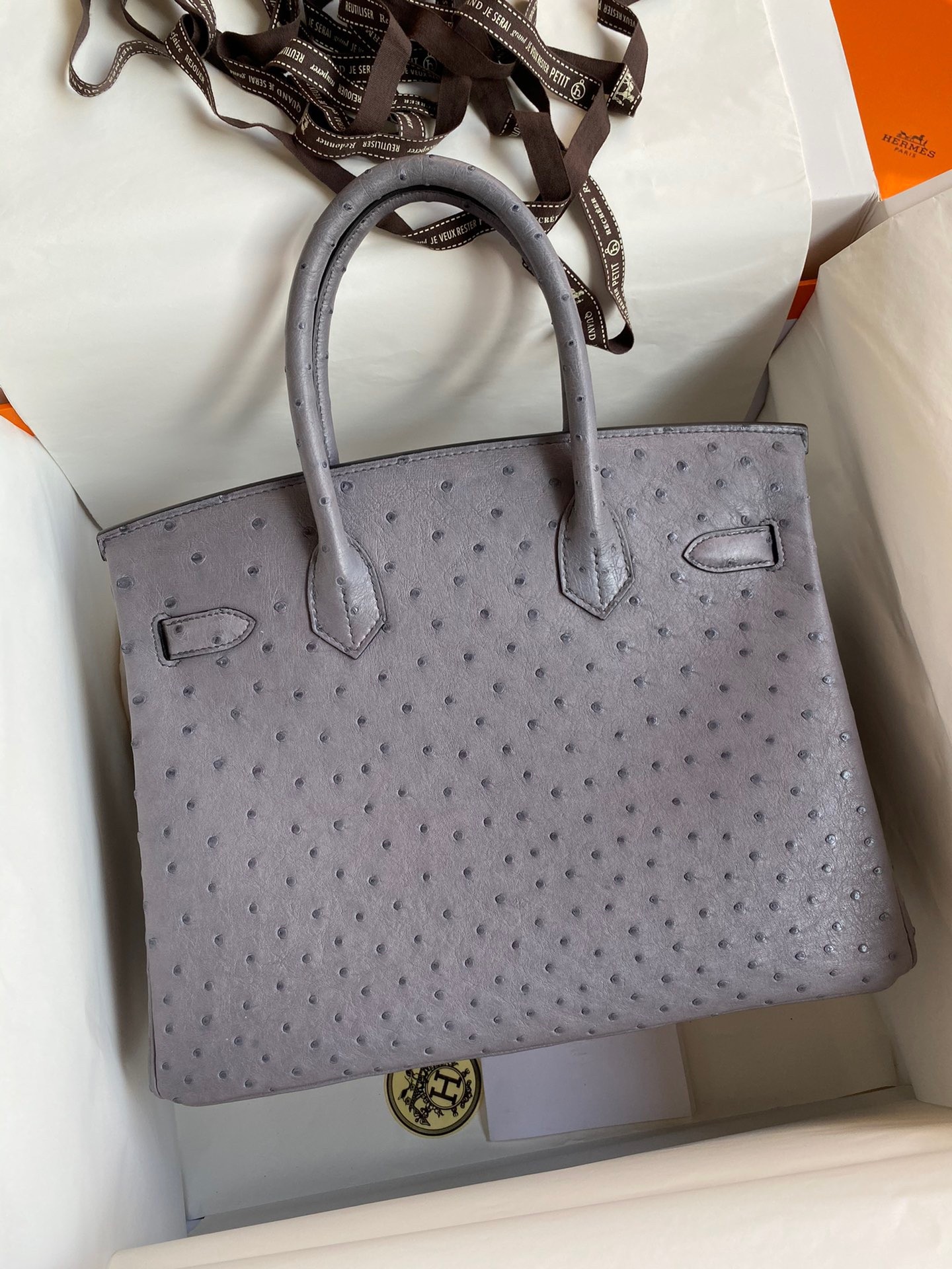 Hermes Birkin 30 Retourne Handmade Bag In Gris Agate Ostrich Leather