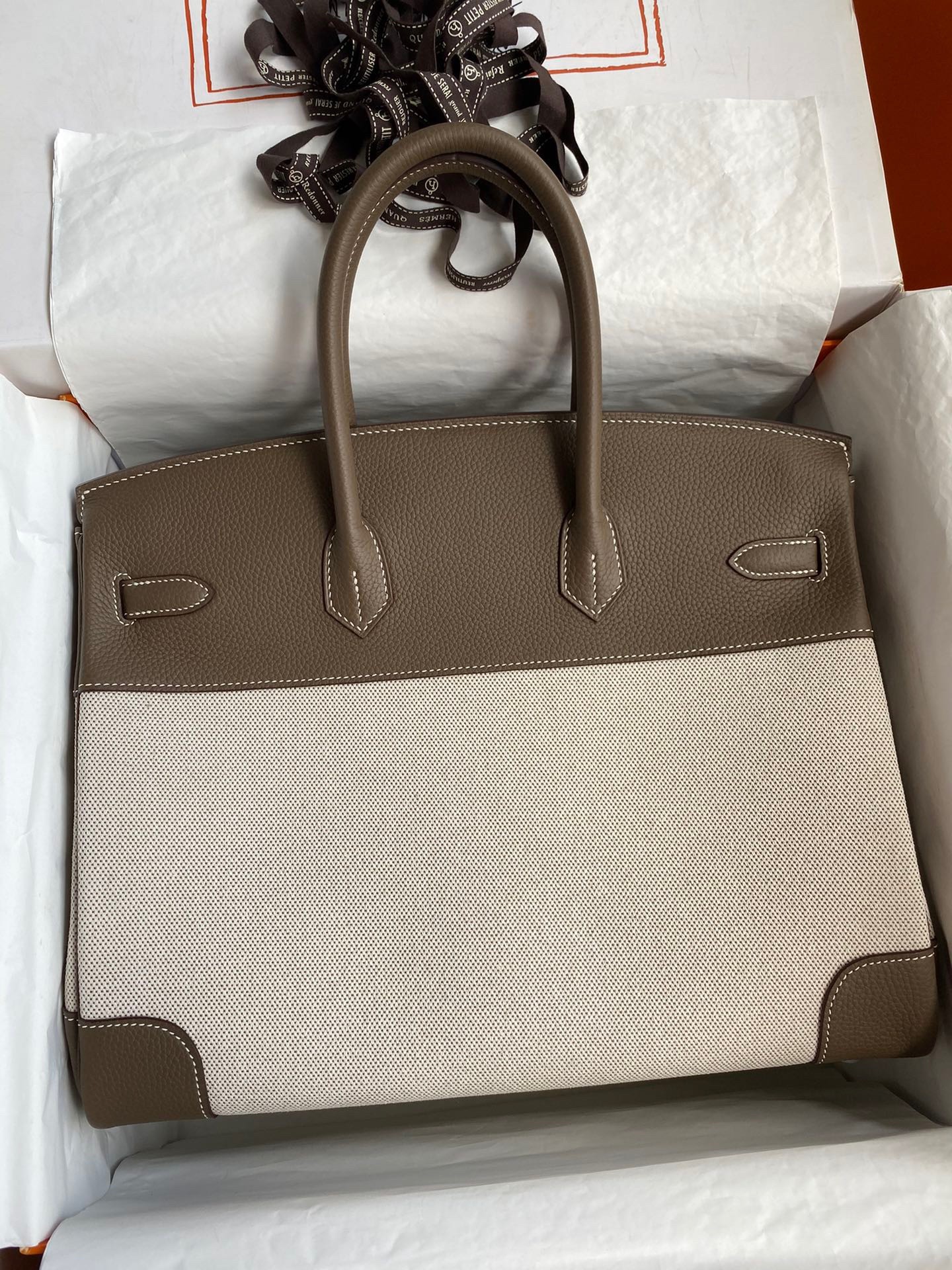 Hermes Birkin 35 Handmade Bag In Toile & Taupe Clemence Leather