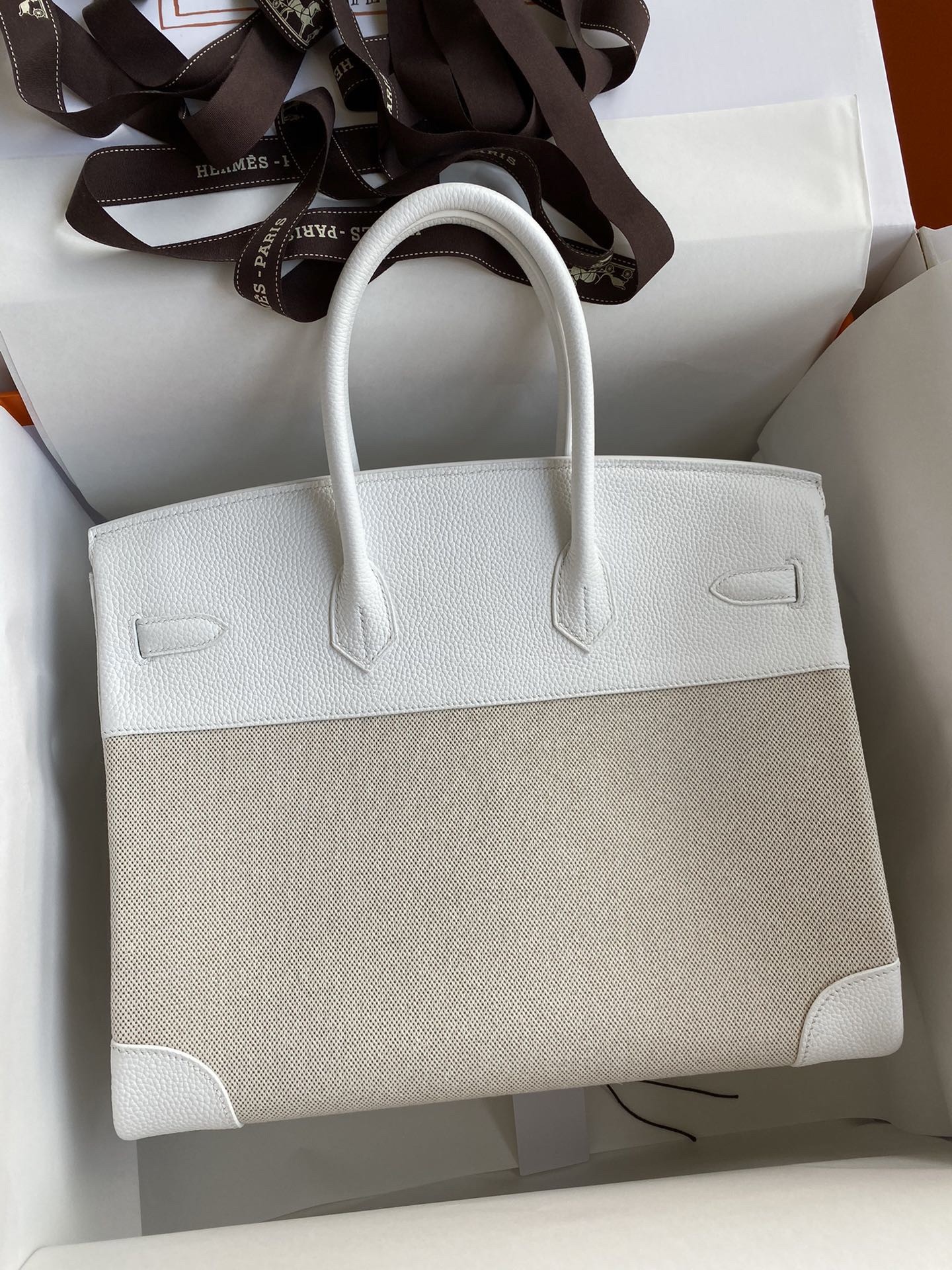 Hermes Birkin 35 Handmade Bag In Toile & White Clemence Leather