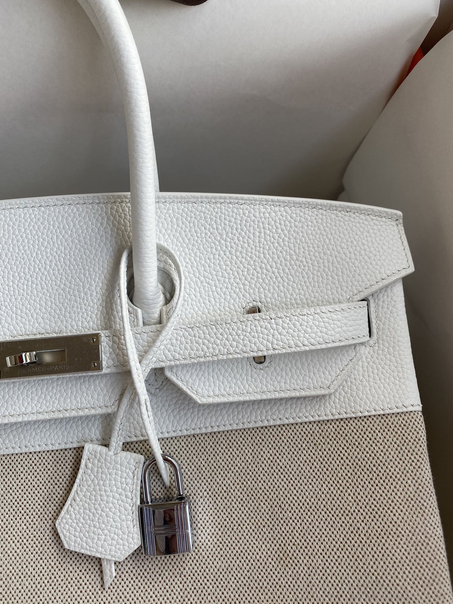 Hermes Birkin 35 Handmade Bag In Toile & White Clemence Leather