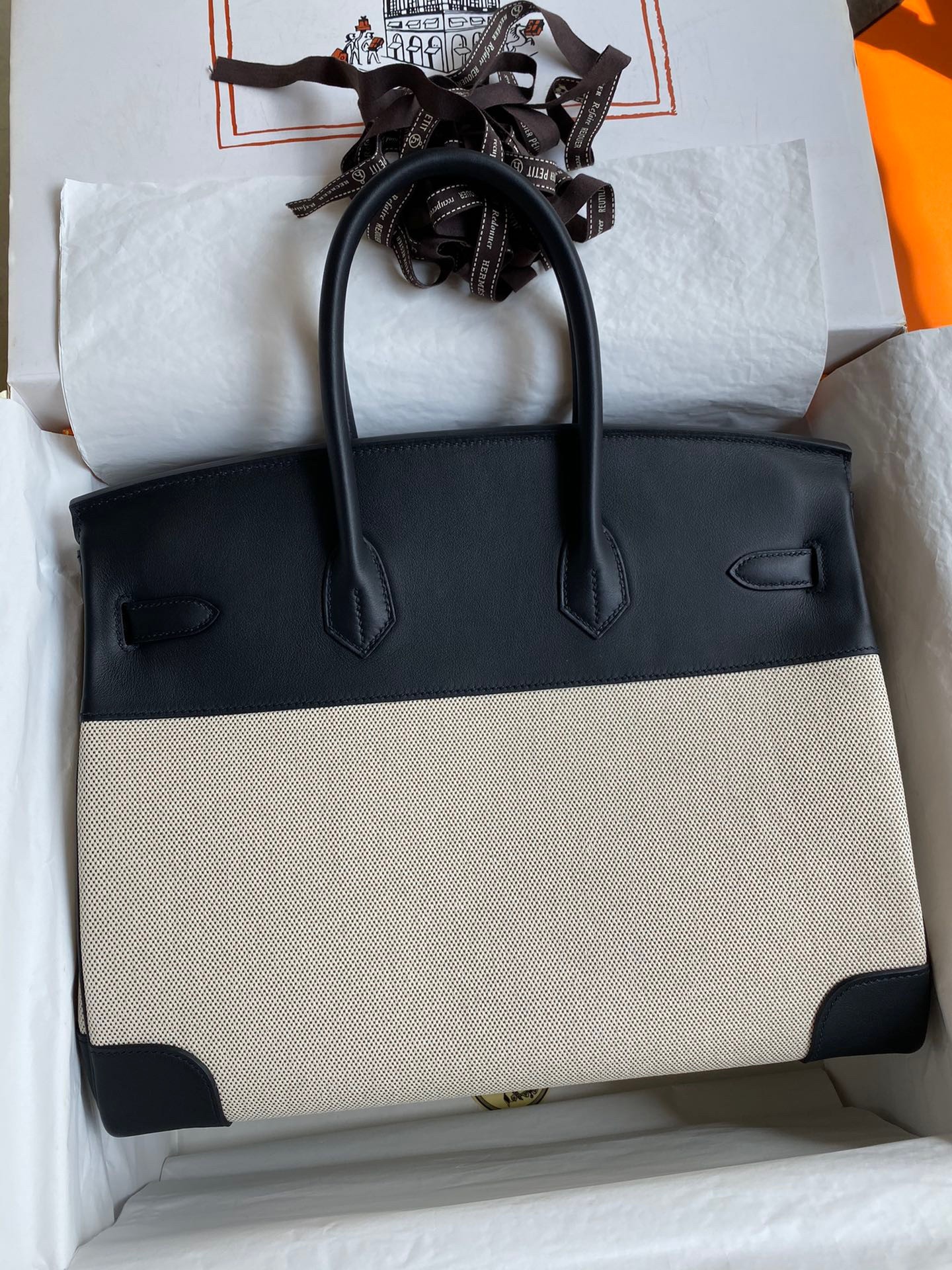 Hermes Birkin 35 Handmade Bag In Toile & Black Swift Leather