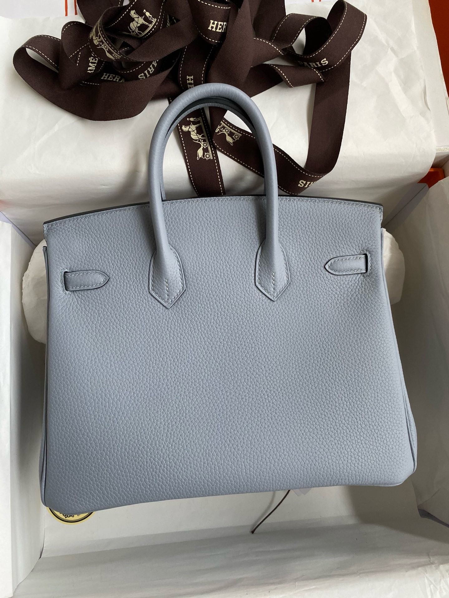 Hermes Birkin 25 Retourne Handmade Bag In Blue Lin Clemence Leather