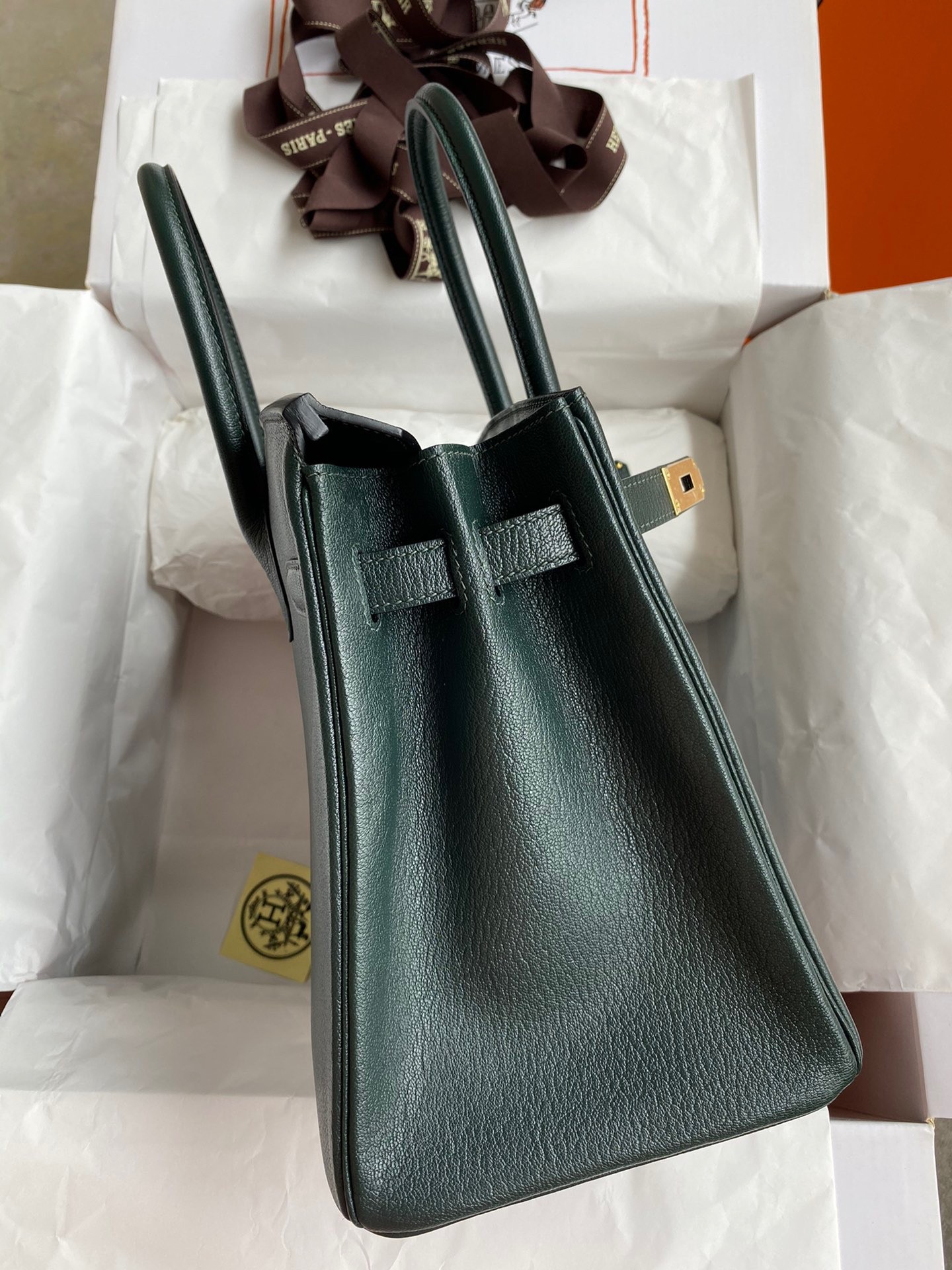 Hermes Birkin 30 Retourne Handmade Bag In Vert Cypres Chevre Mysore Leather