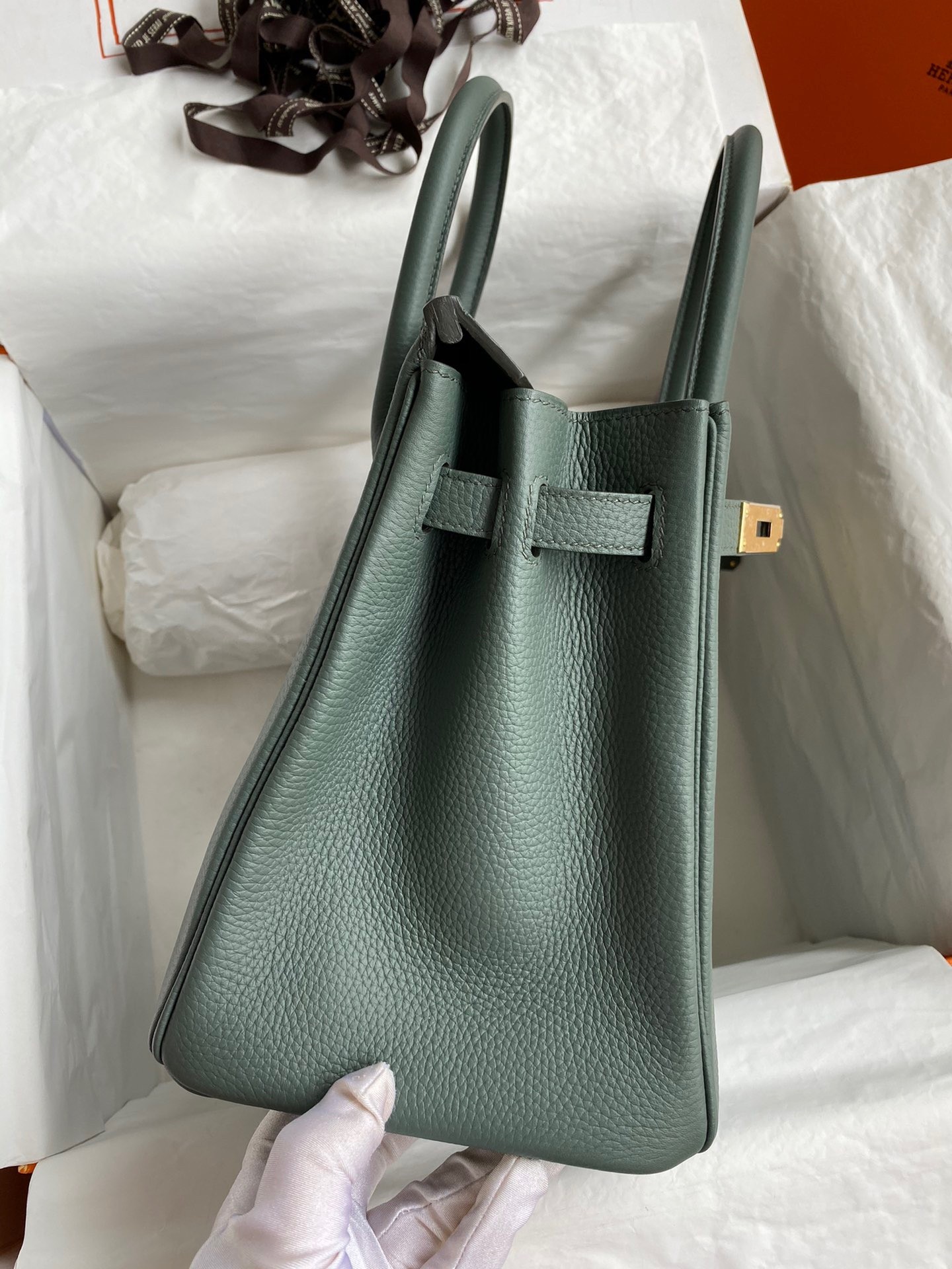 Hermes Birkin 30 Retourne Handmade Bag In Vert Amande Clemence Leather