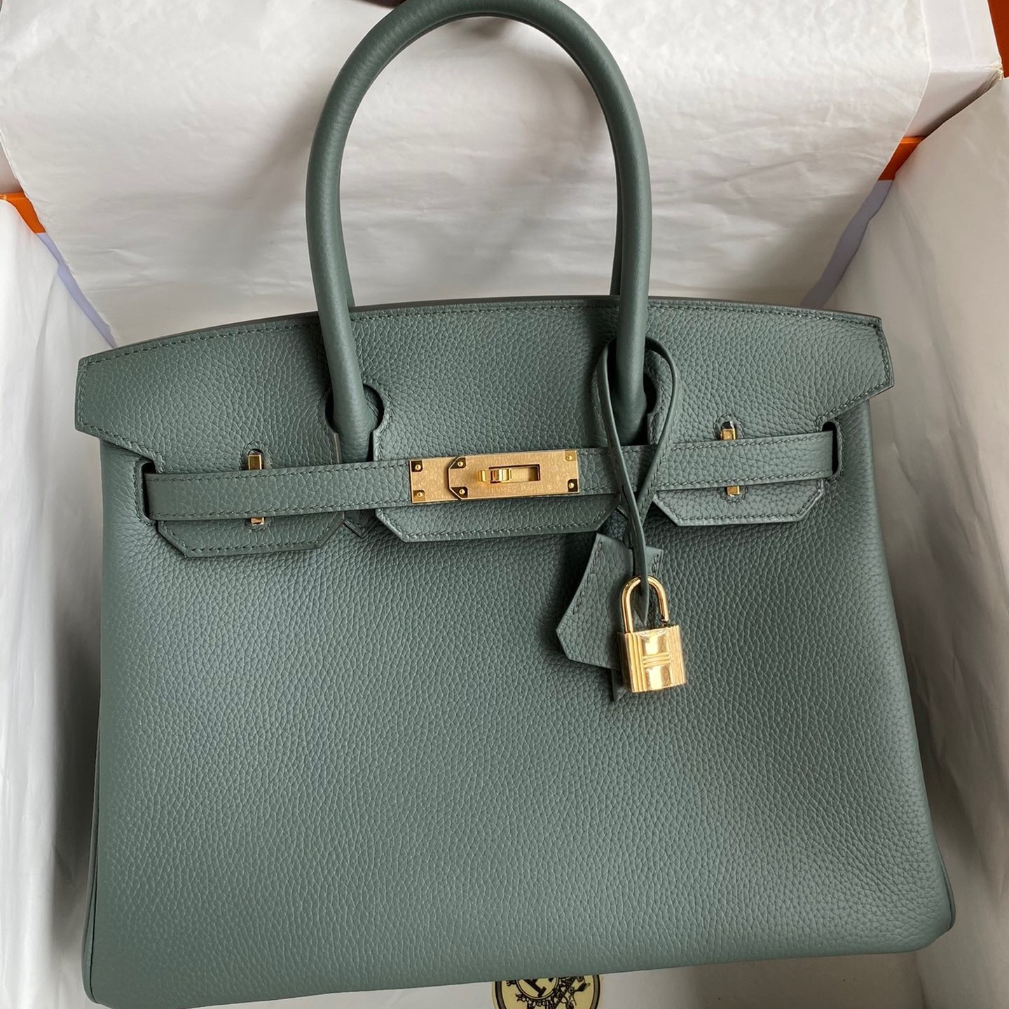 Hermes Birkin 30 Retourne Handmade Bag In Vert Amande Clemence Leather