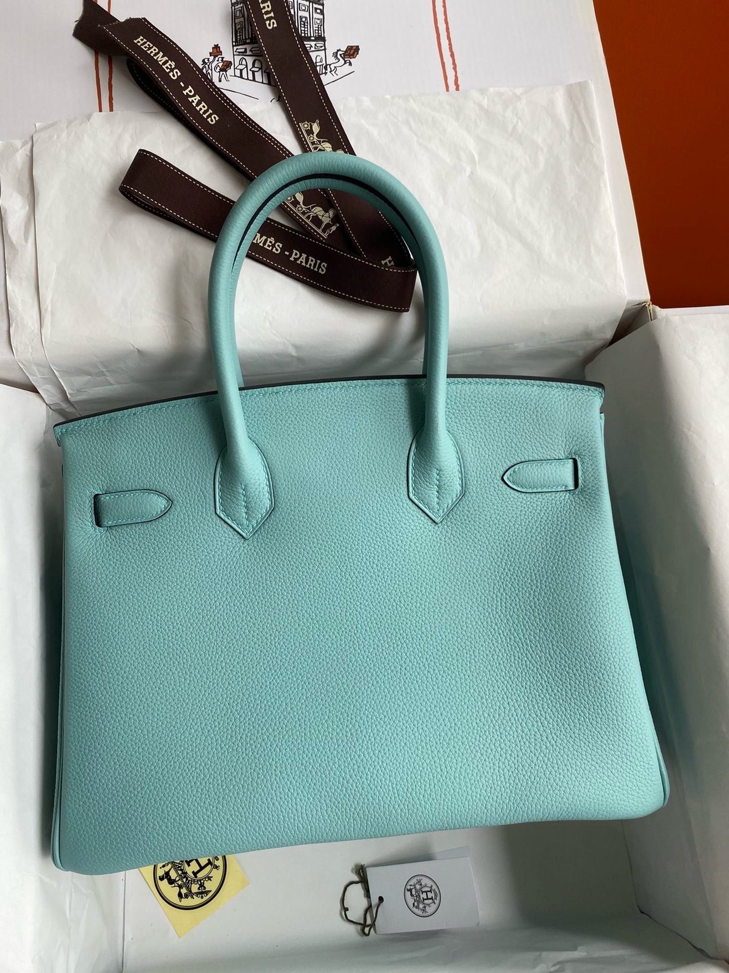 Hermes Birkin 30 Retourne Handmade Bag In Blue Atoll Clemence Leather