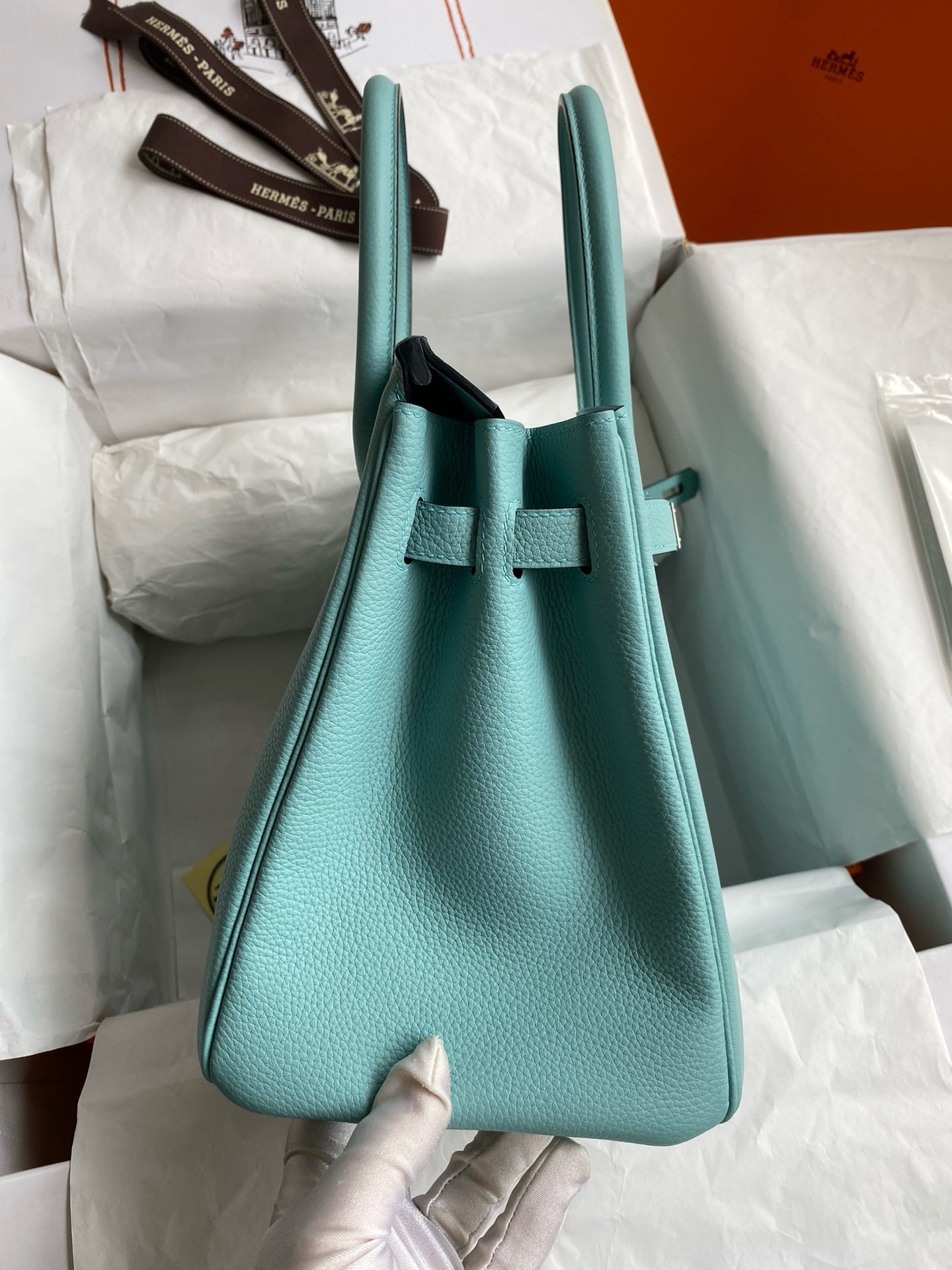 Hermes Birkin 30 Retourne Handmade Bag In Blue Atoll Clemence Leather