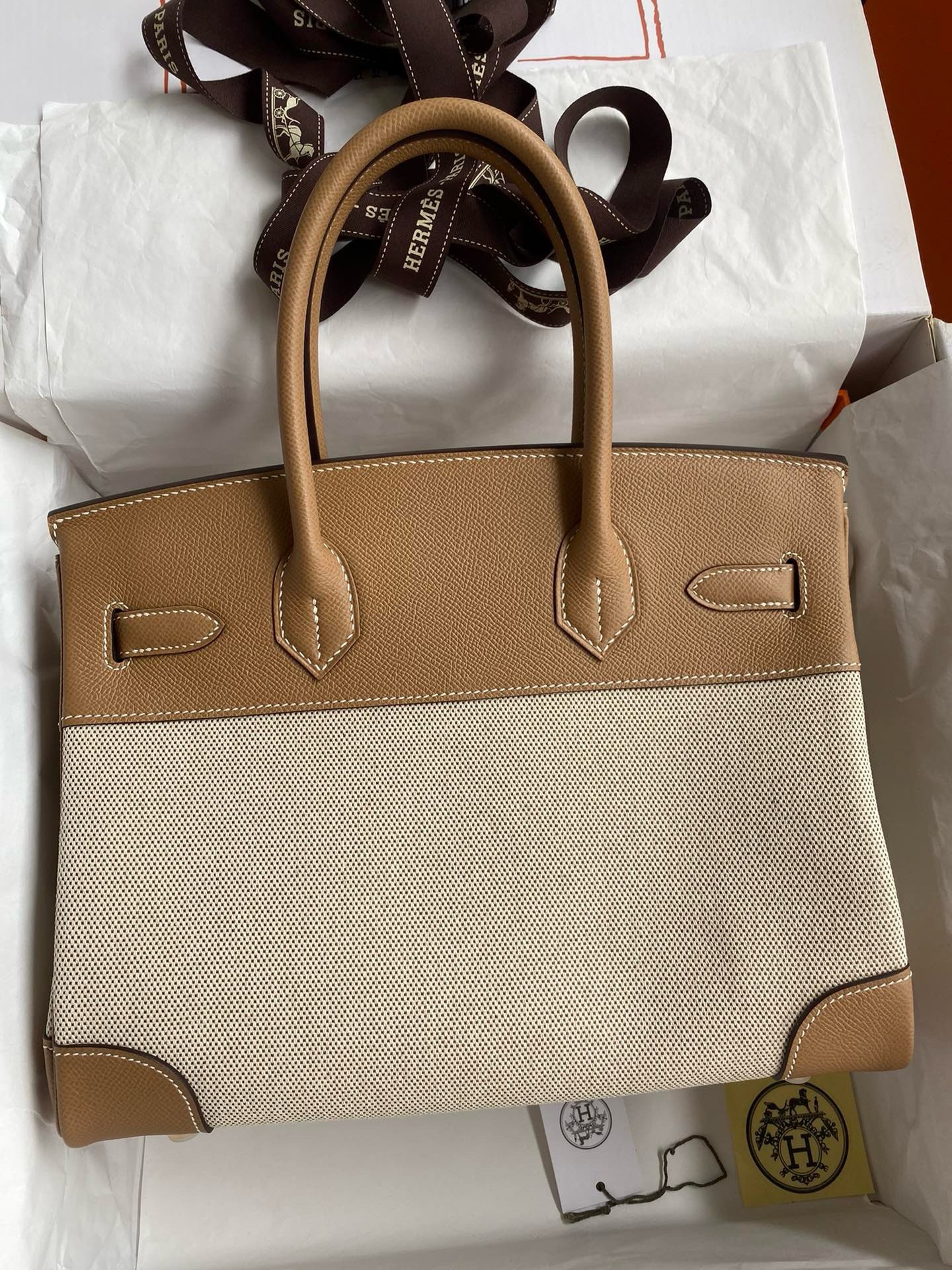 Hermes Birkin 30 Handmade Bag In Toile & Chai Epsom Leather