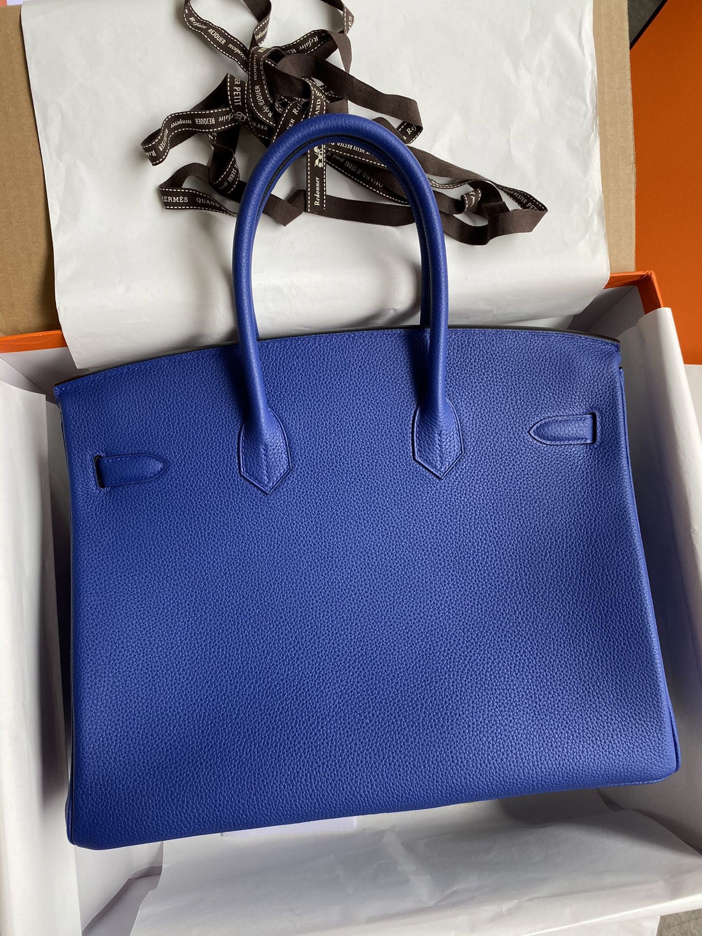 Hermes Birkin 35 Retourne Handmade Bag In Blue Electric Clemence Leather