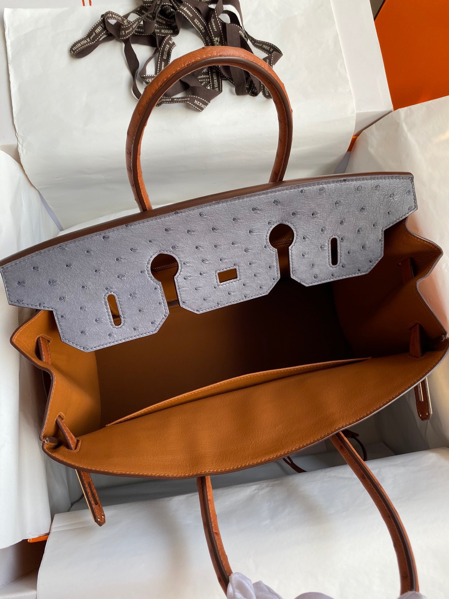 Hermes HSS Birkin 35 Bicolor Bag in Gris Agate and Gold Ostrich Leather