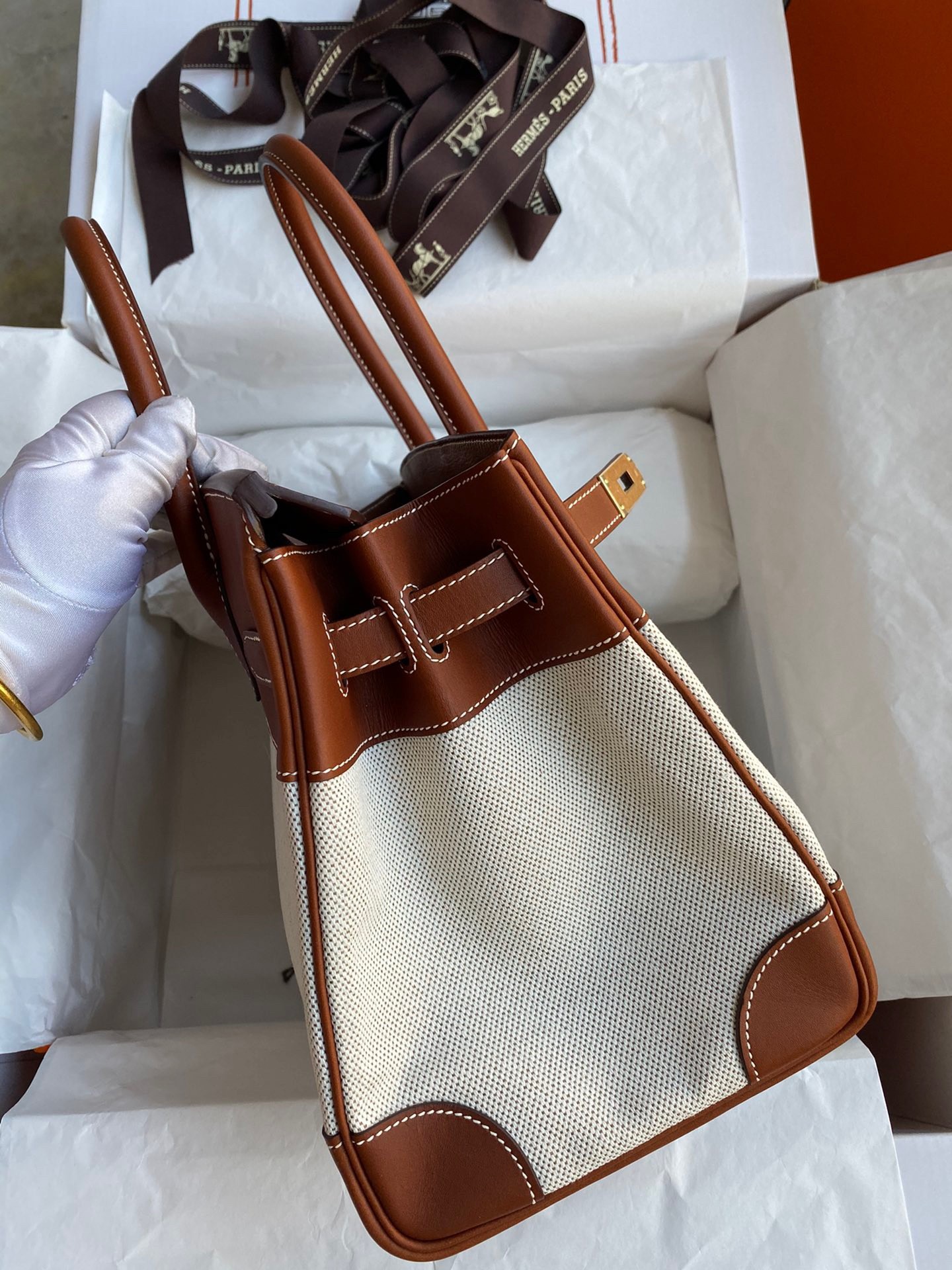 Hermes Birkin 30 Handmade Bag In Toile & Gold Swift Leather