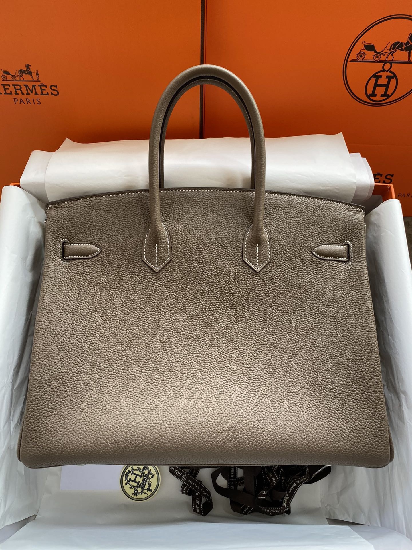 Hermes Birkin 35 Retourne Handmade Bag In Taupe Clemence Leather