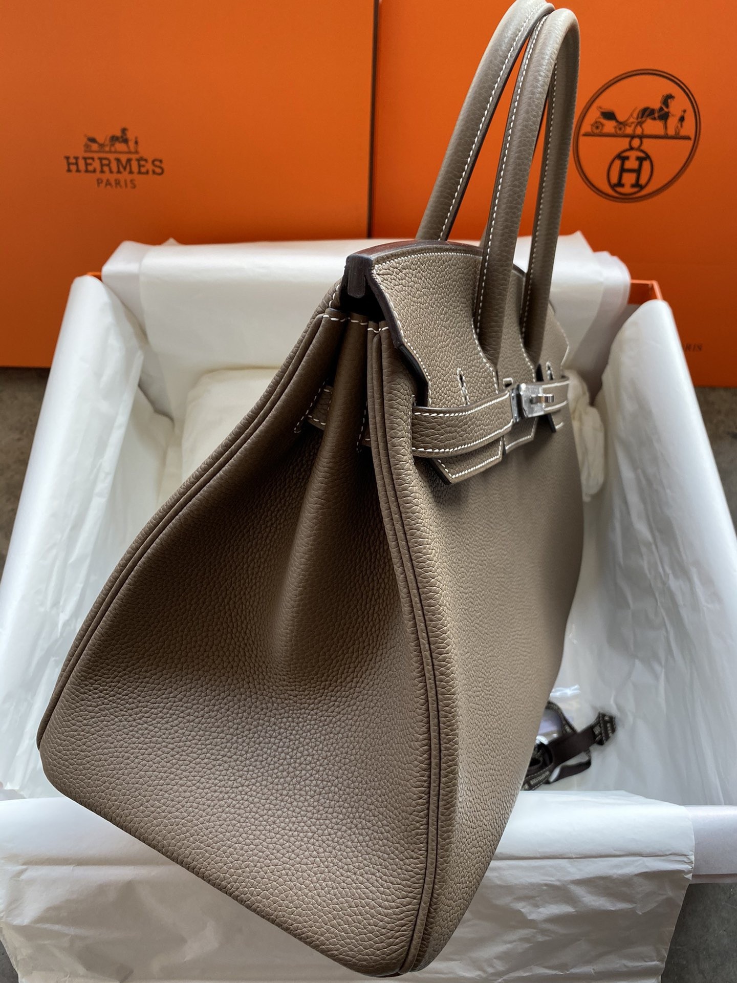 Hermes Birkin 35 Retourne Handmade Bag In Taupe Clemence Leather