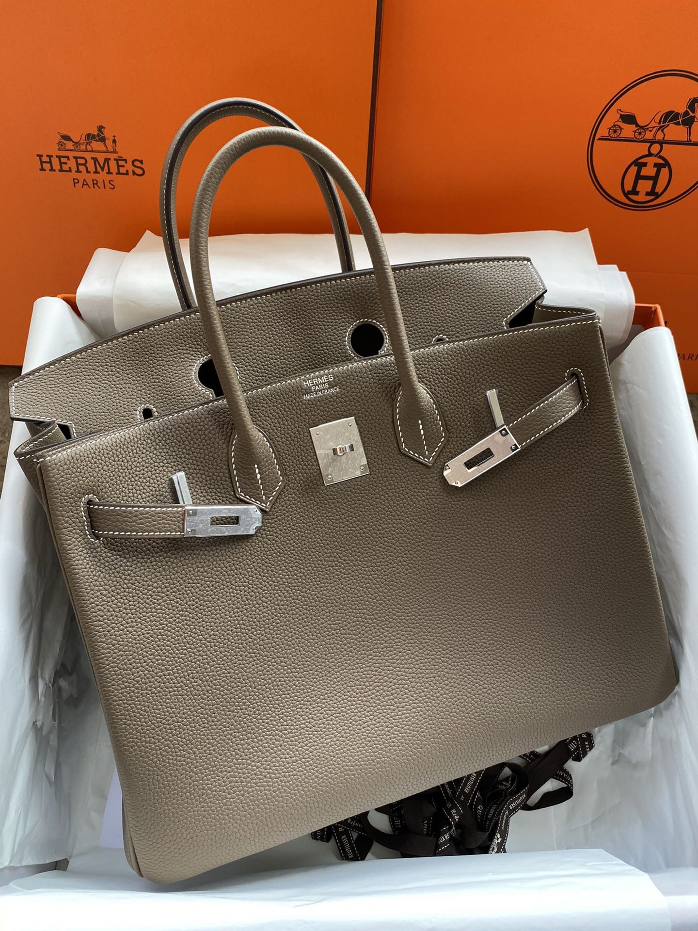 Hermes Birkin 35 Retourne Handmade Bag In Taupe Clemence Leather