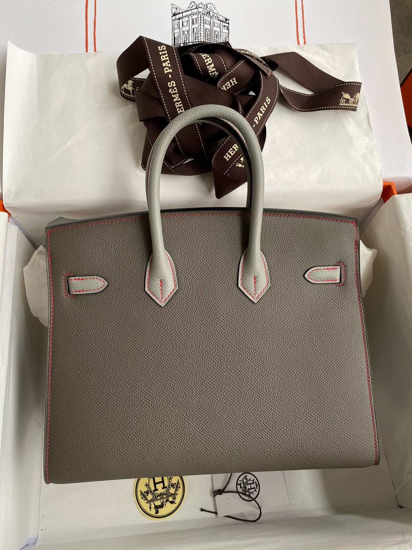 Hermes HSS Birkin 25 Sellier Bag in Etain and Gris Mouette Epsom Calfskin