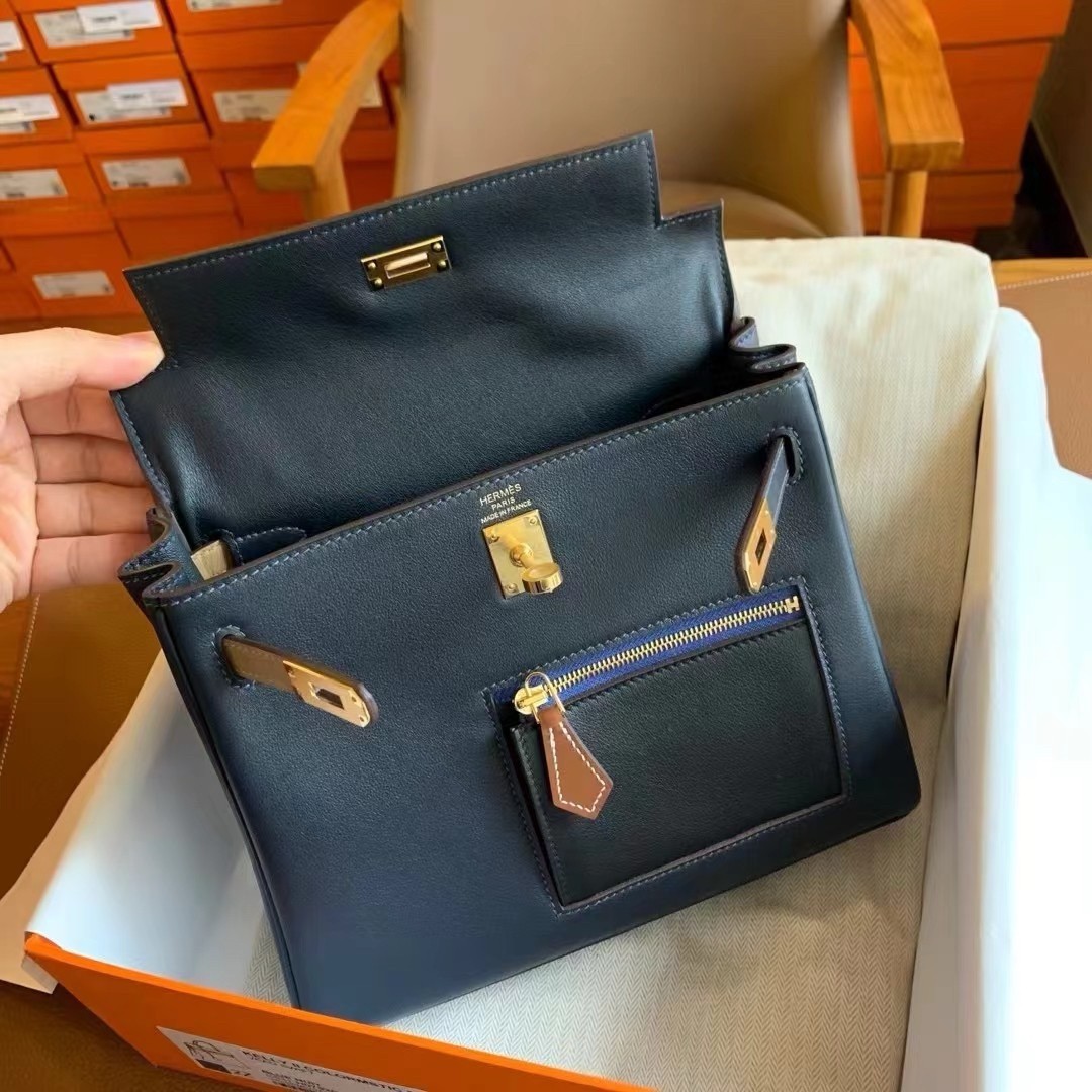 Hermes Kelly Colormatic 25 Handmade Bag in Blue Nuit Swift Leather