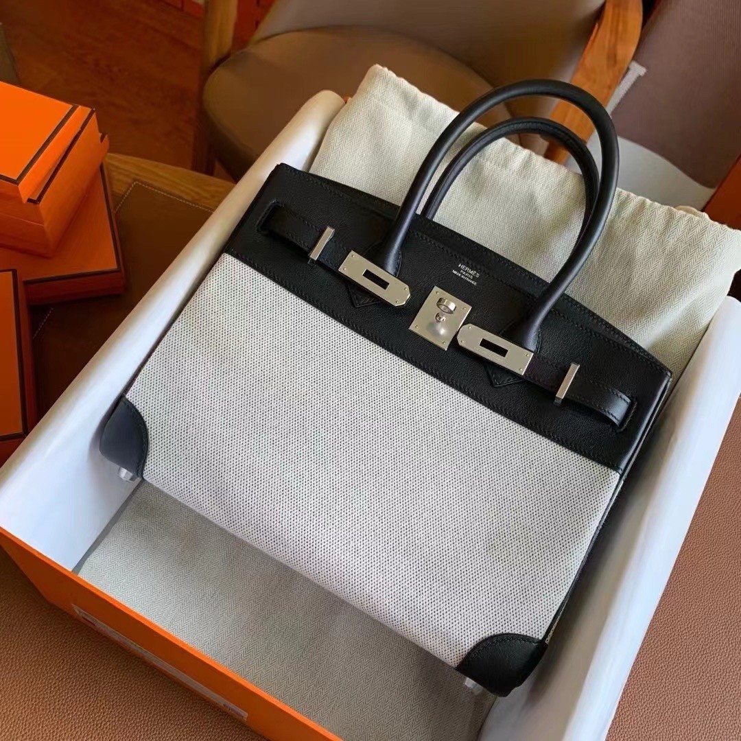 Hermes Birkin 30 Handmade Bag In Toile & Black Swift Leather