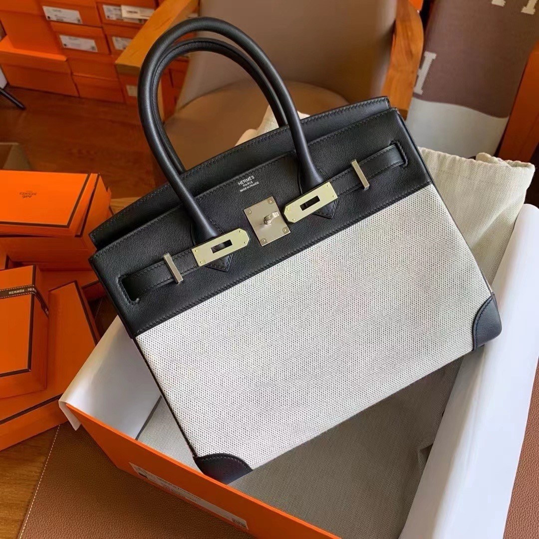 Hermes Birkin 30 Handmade Bag In Toile & Black Swift Leather