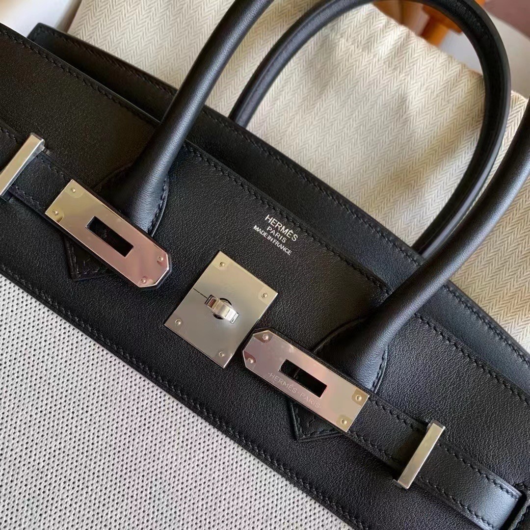 Hermes Birkin 30 Handmade Bag In Toile & Black Swift Leather