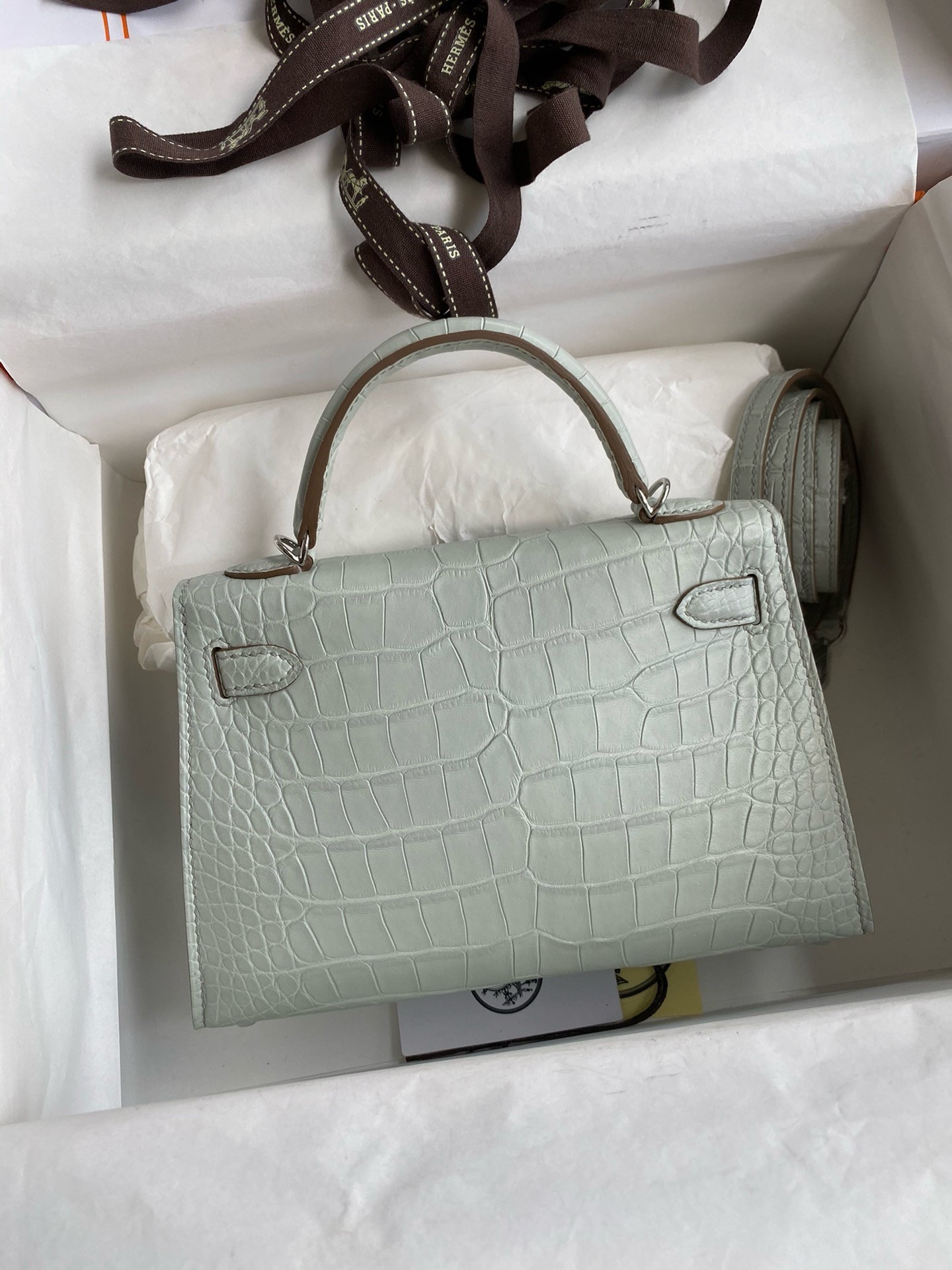 Hermes Kelly Mini II Sellier Handmade Bag In Gris Neve Matte Alligator Leather