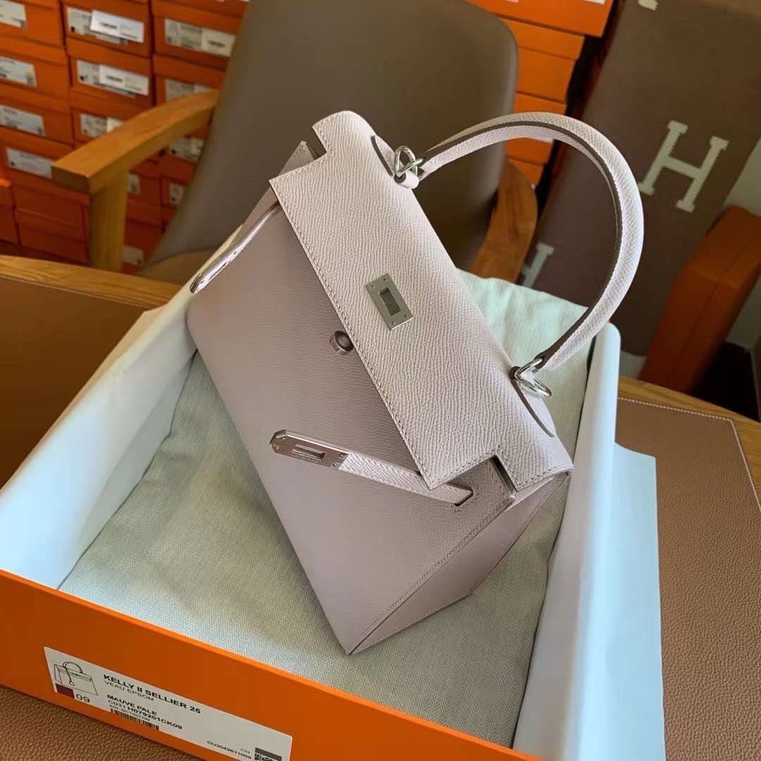 Hermes Kelly Sellier 25 Handmade Bag In Mauve Pale Epsom Calfskin