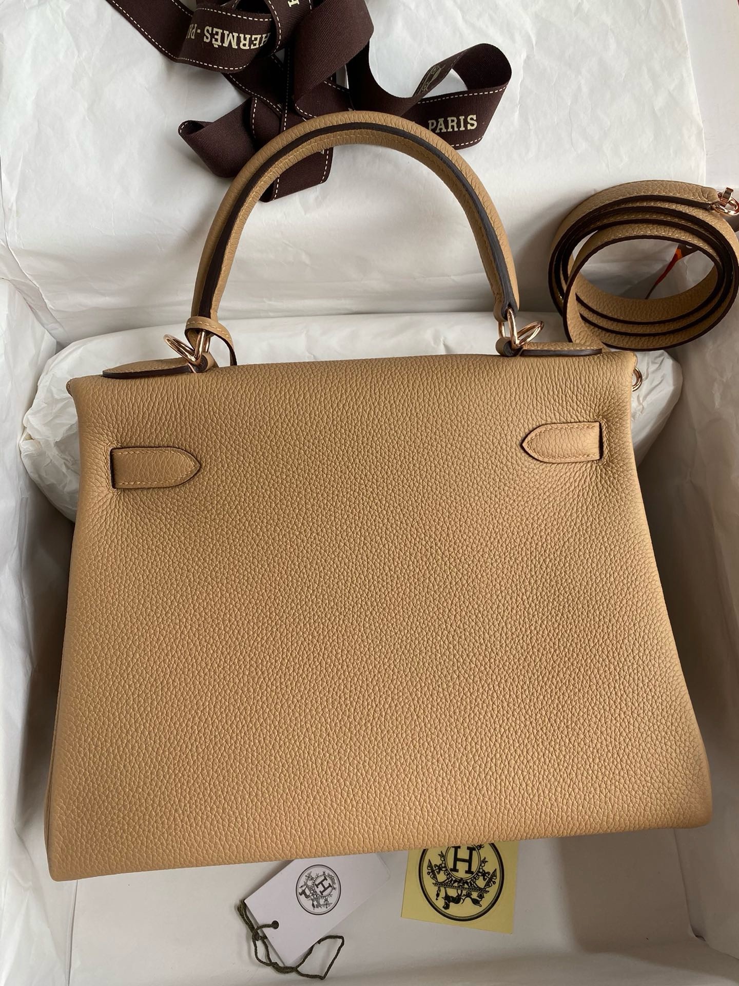 Hermes Kelly Retourne 28 Handmade Bag In Chai Clemence Leather