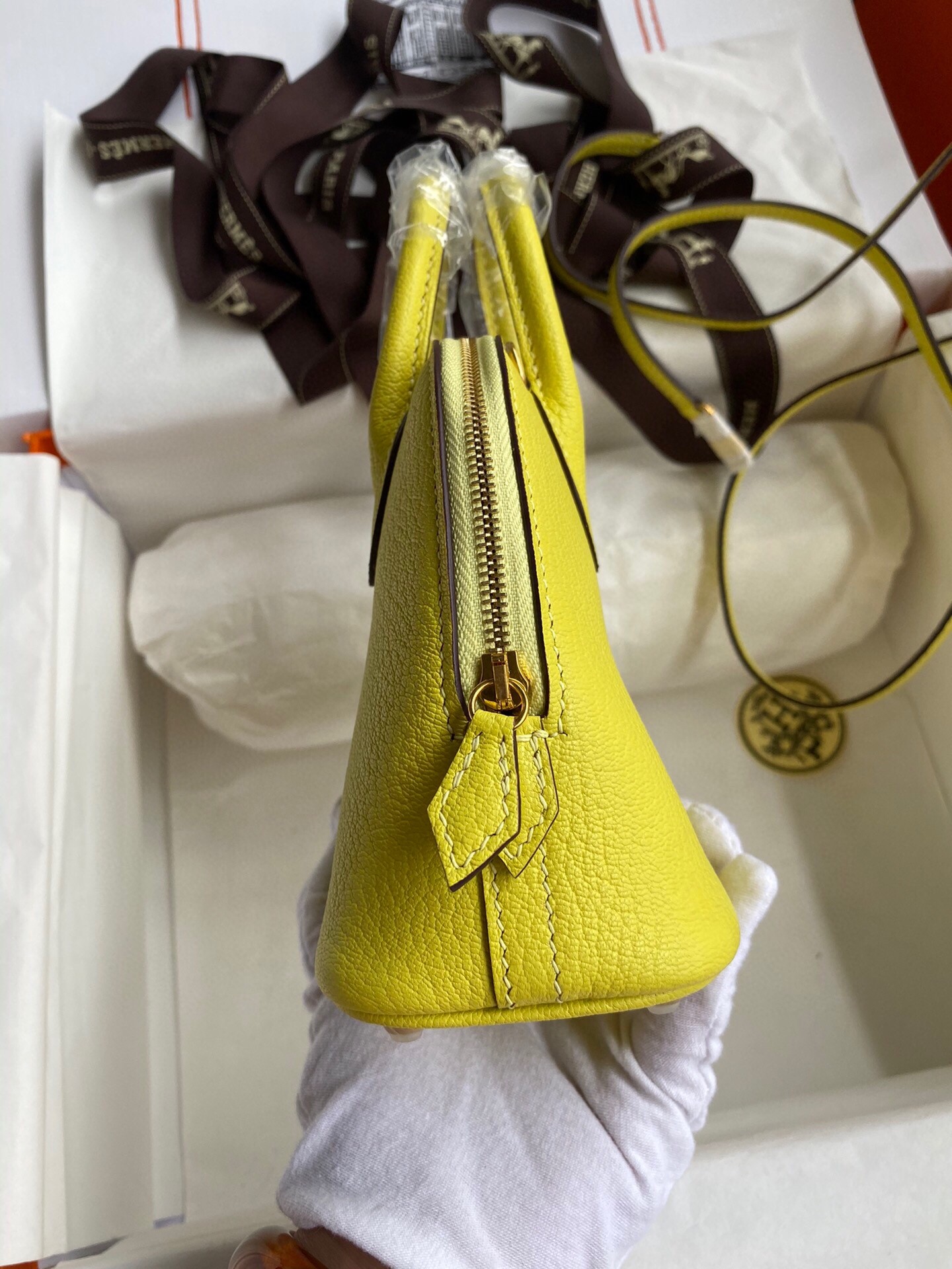 Hermes Bolide 1923 Mini Handmade Bag In Lime Chevre Mysore Leather