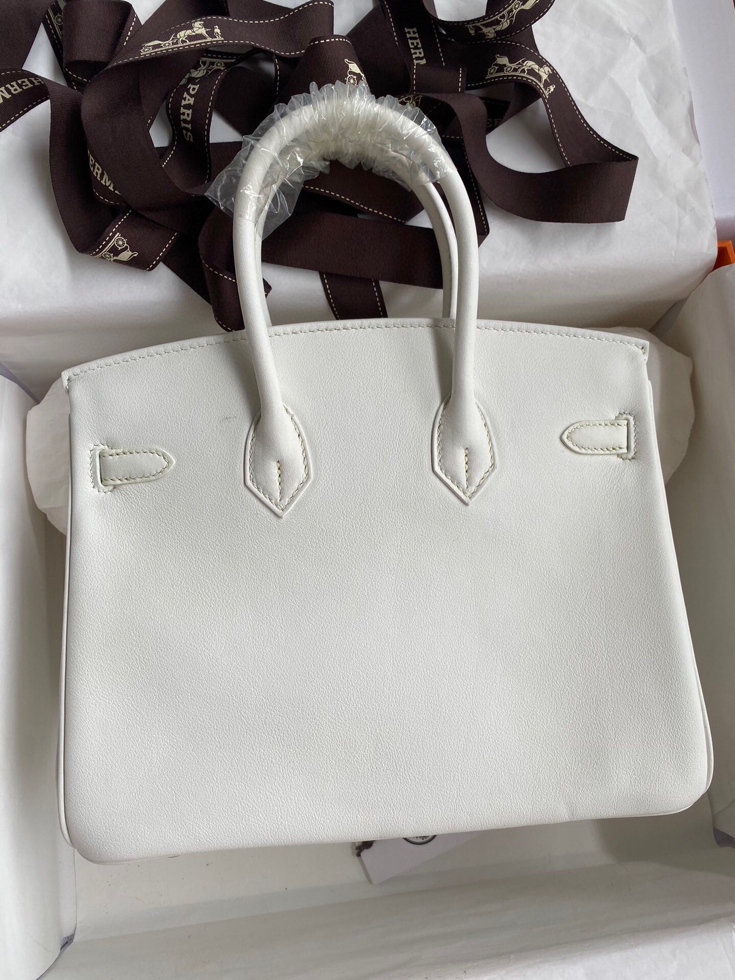 Hermes Birkin 25 Retourne Handmade Bag In White Swift Calfskin