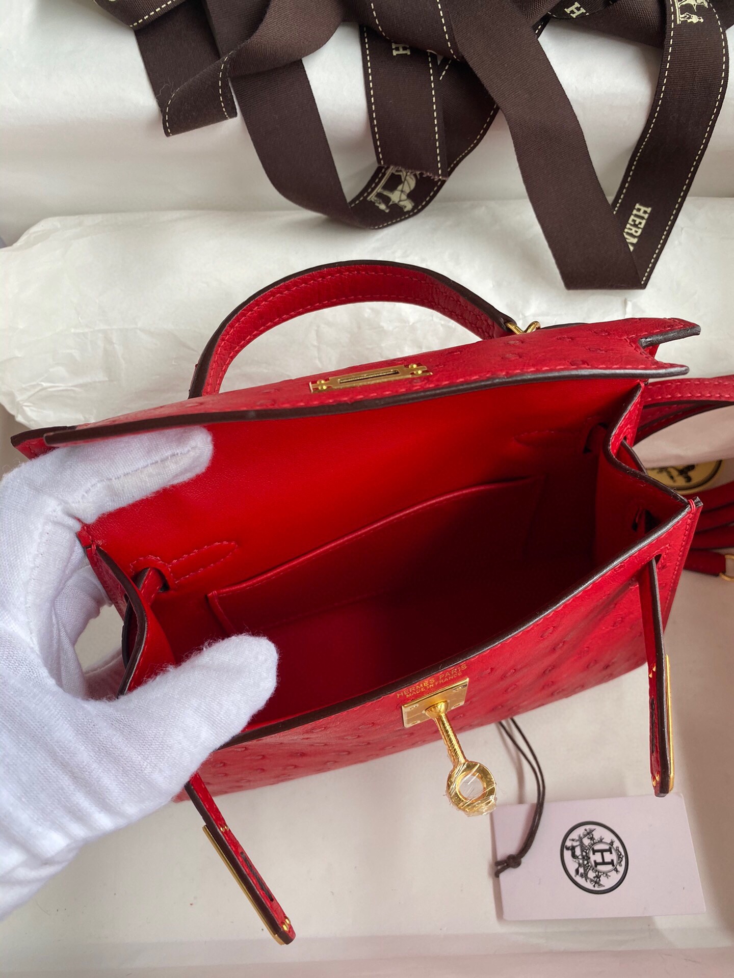 Hermes Kelly Mini II Sellier Handmade Bag In Red Ostrich Leather