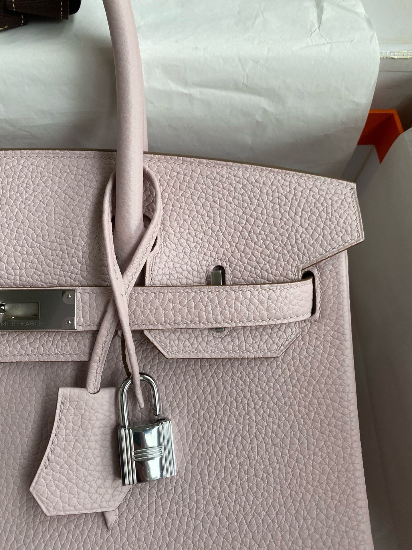 Hermes Birkin 30 Retourne Handmade Bag in Mauve Pale Clemence Leather