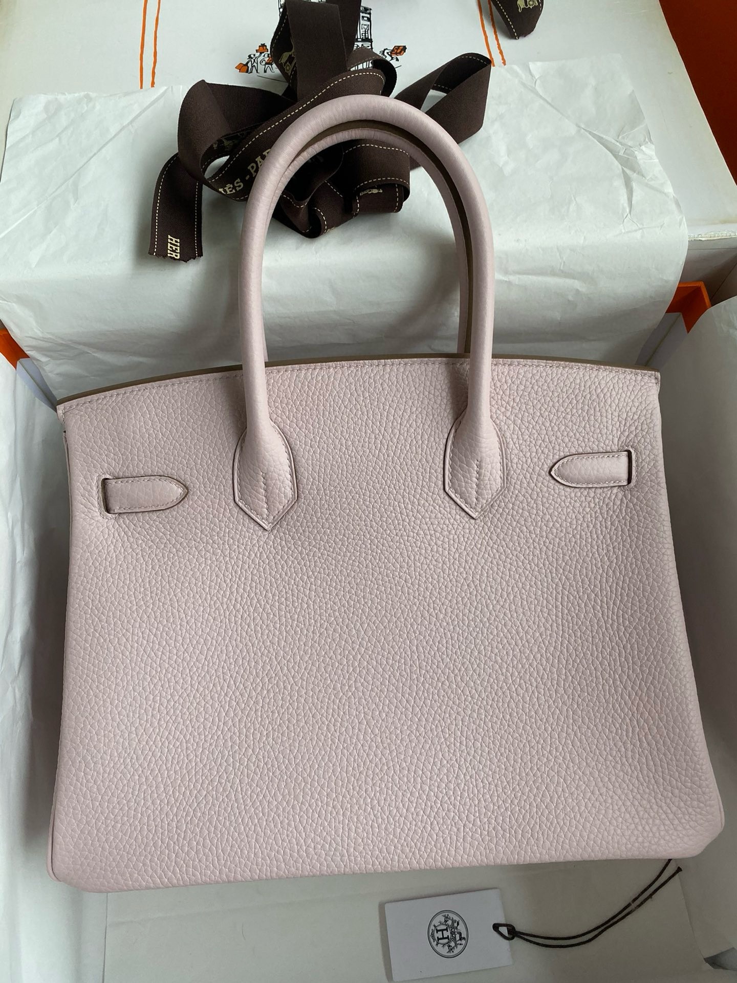 Hermes Birkin 30 Retourne Handmade Bag in Mauve Pale Clemence Leather