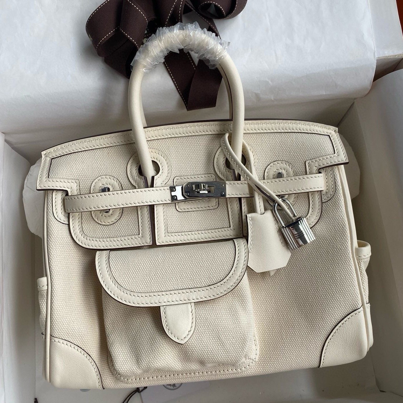 Hermes Birkin Cargo 25 Bag in Craie Toile and Swift Leather